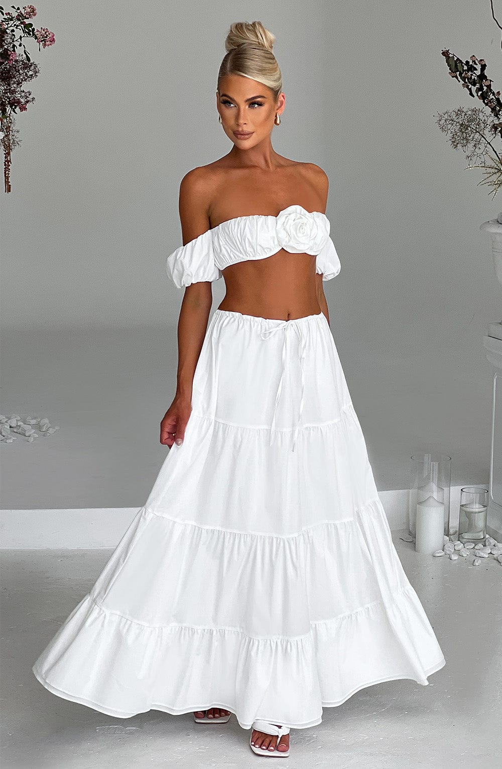 Ivory Cotton Blend Carmen Crop Top with Puff Sleeves