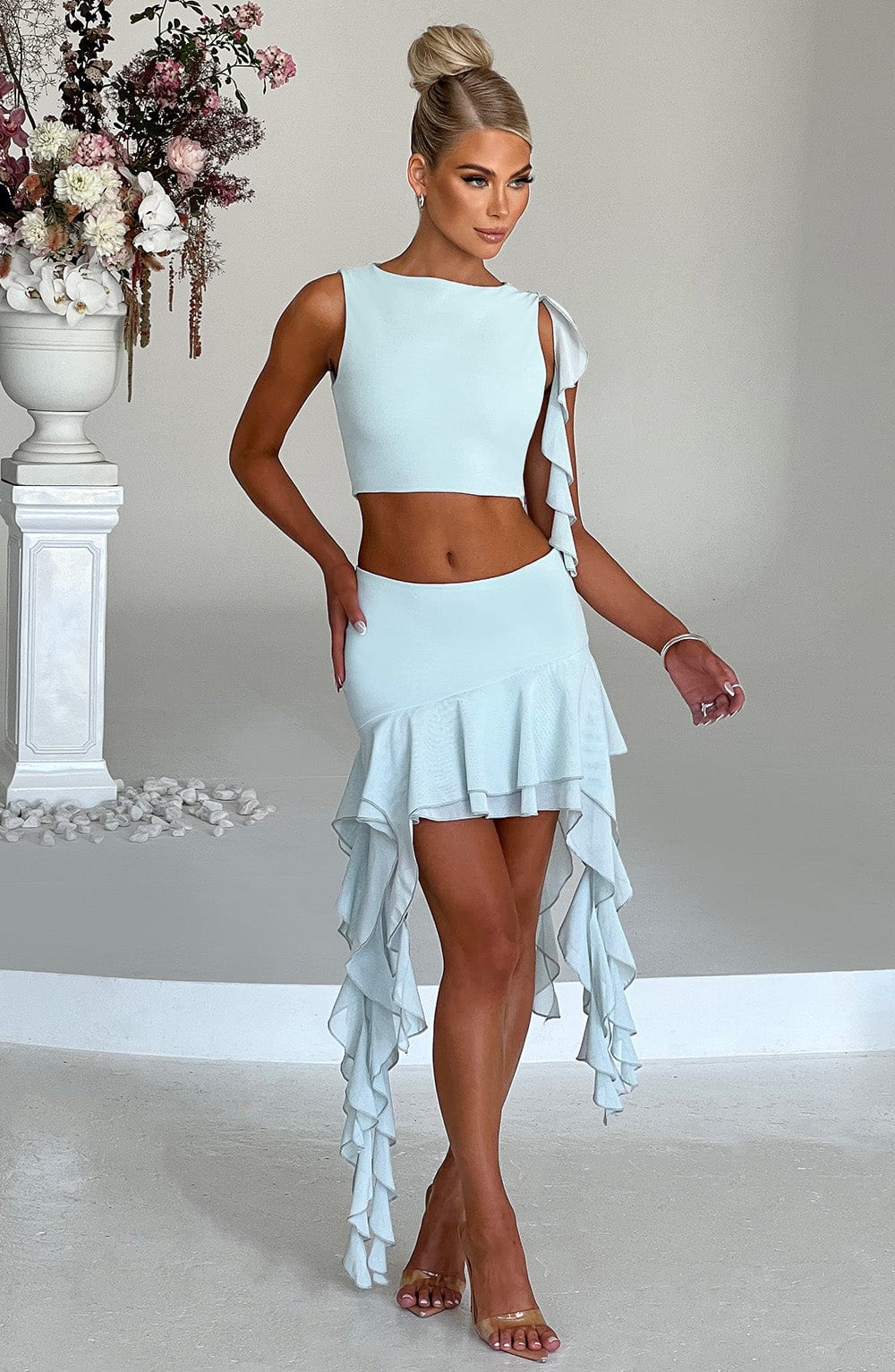 Mint High-Waisted Ruffle Mesh Mini Skirt