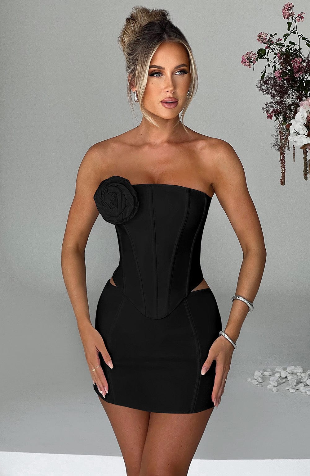 Black Stretch Bengaline Corset Top with Removable Flower - Womens Strapless Crop