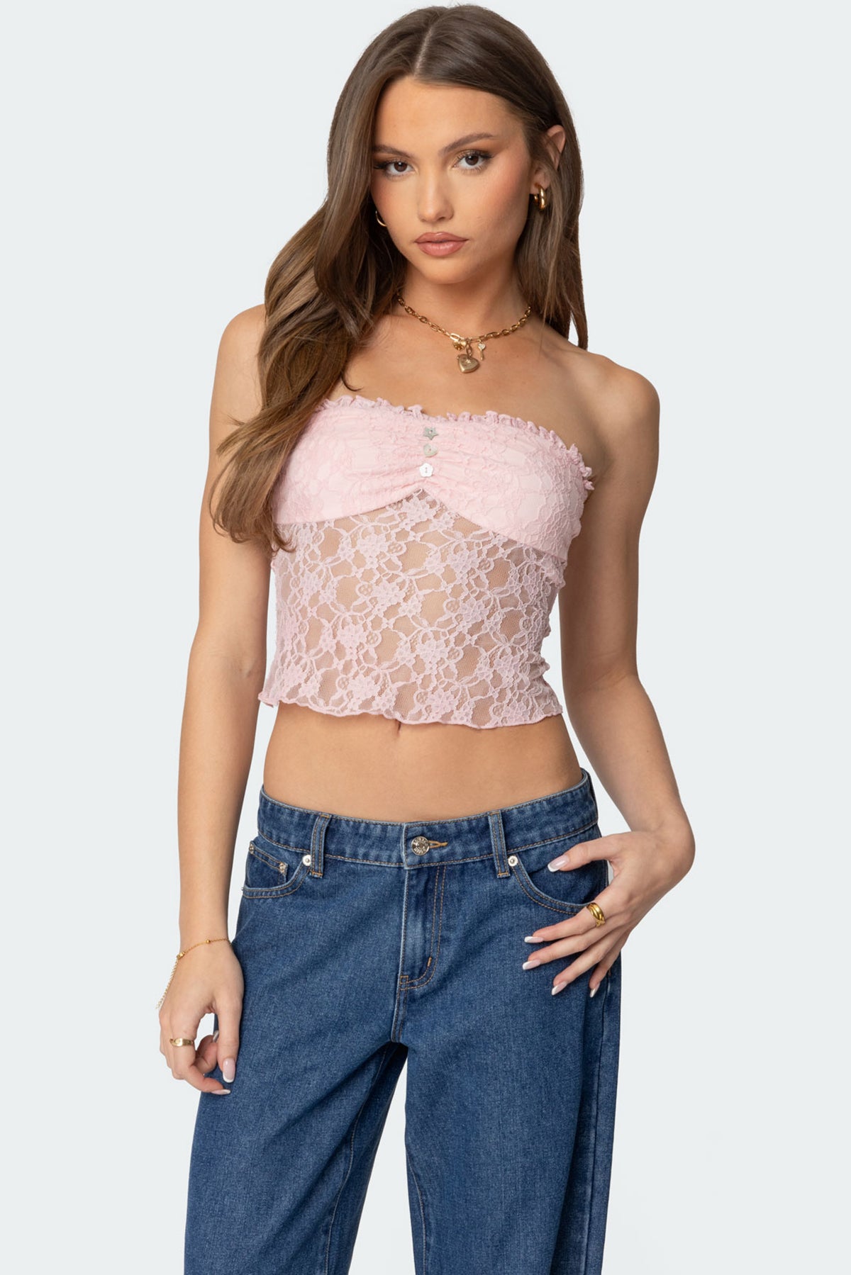 Light Pink Sheer Lace Strapless Top Womens Ruffle Trim Tube Blouse