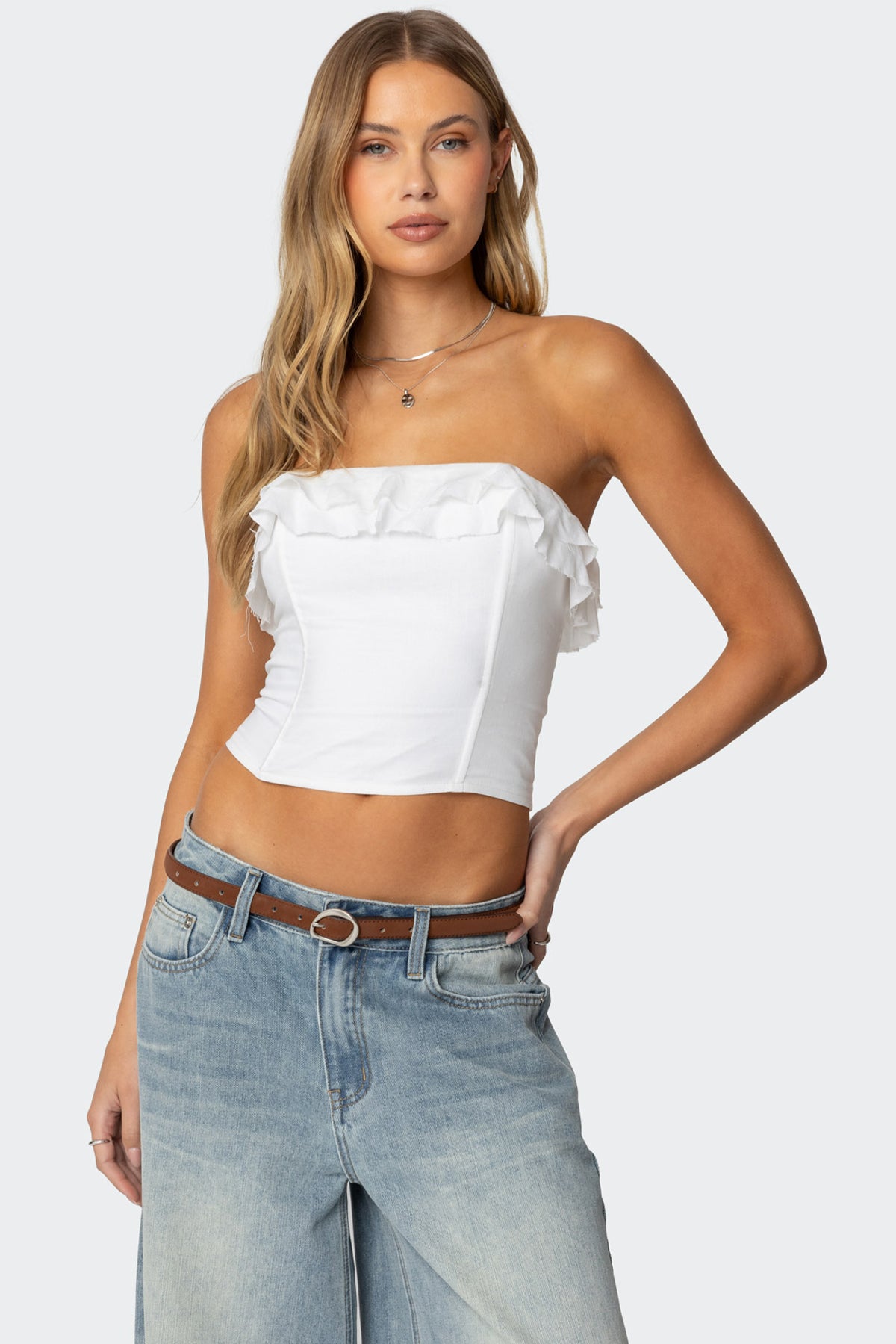 White Ruffled Linen Look Strapless Corset