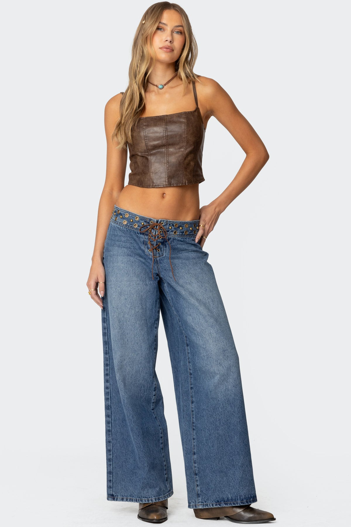 Blue Washed Grommet Detail Low Rise Jeans