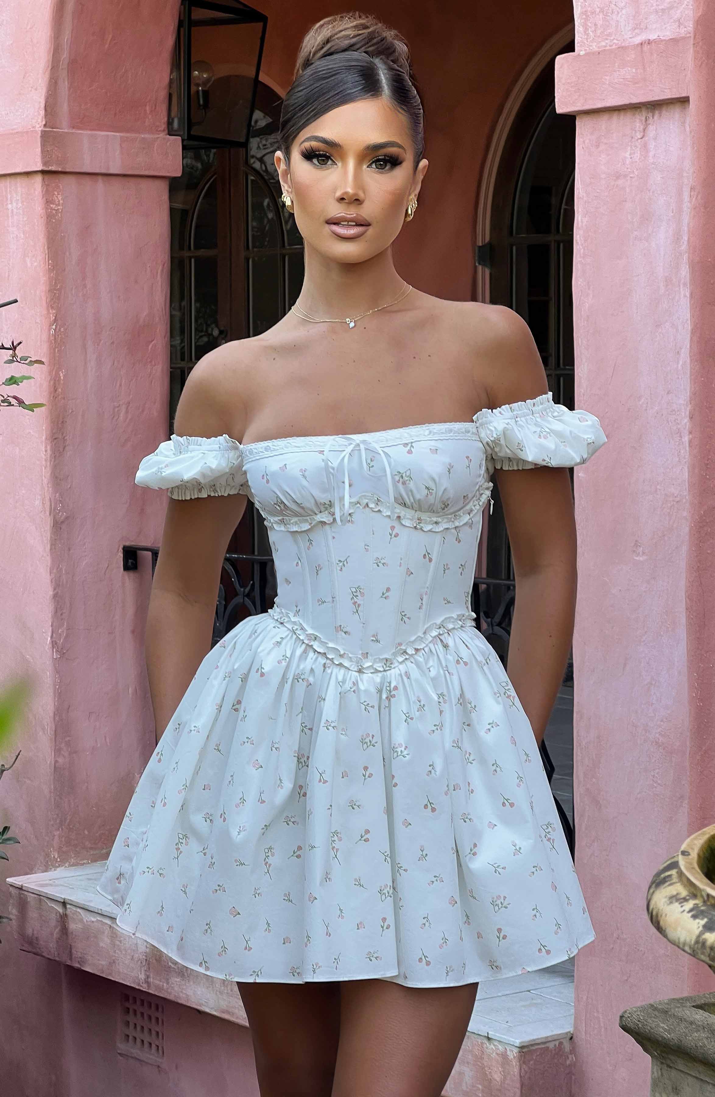 Blush Floral Print Mini Dress with Puffed Sleeves