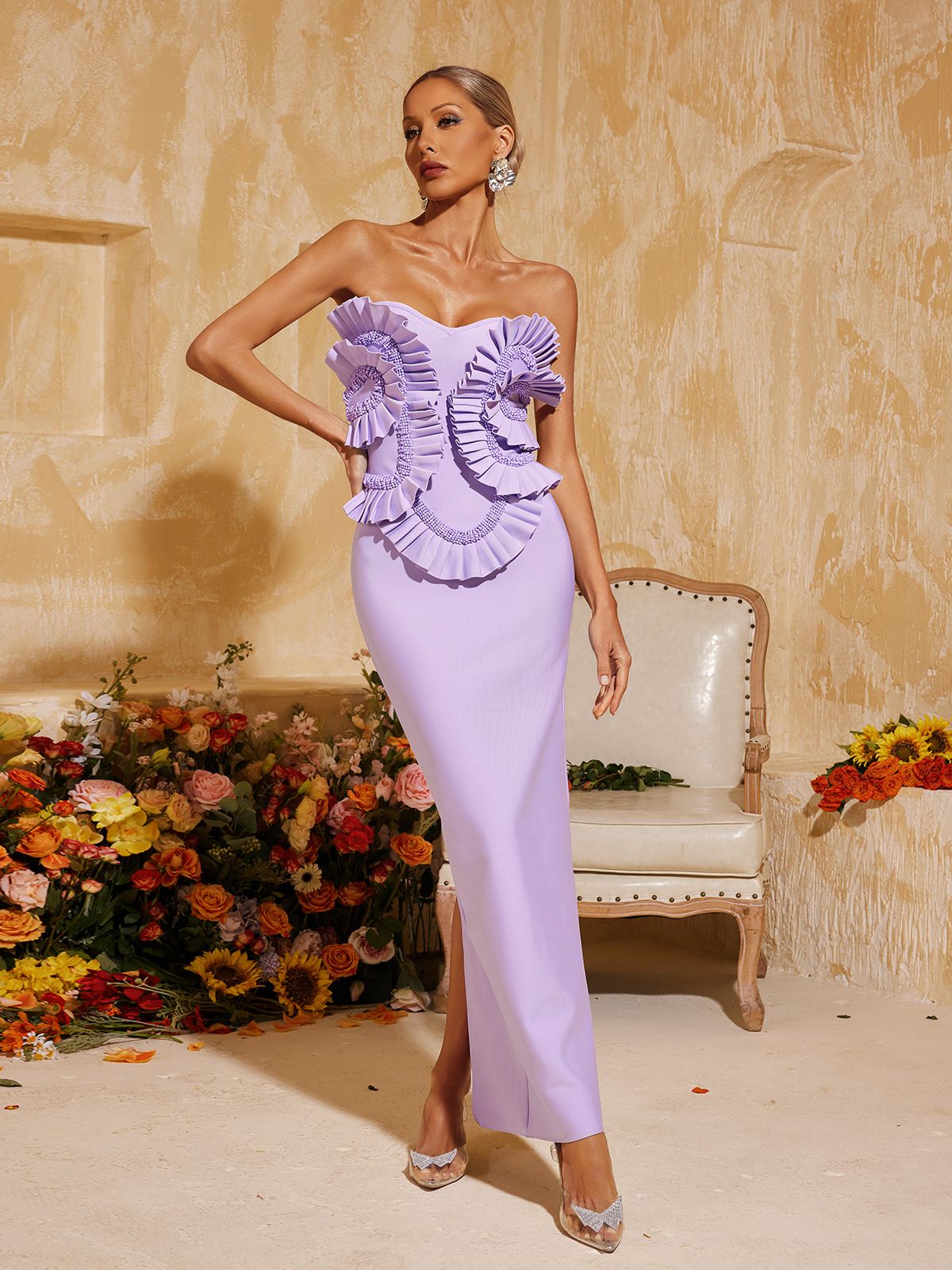 Purple Strapless Ruched Bandage Maxi Dress