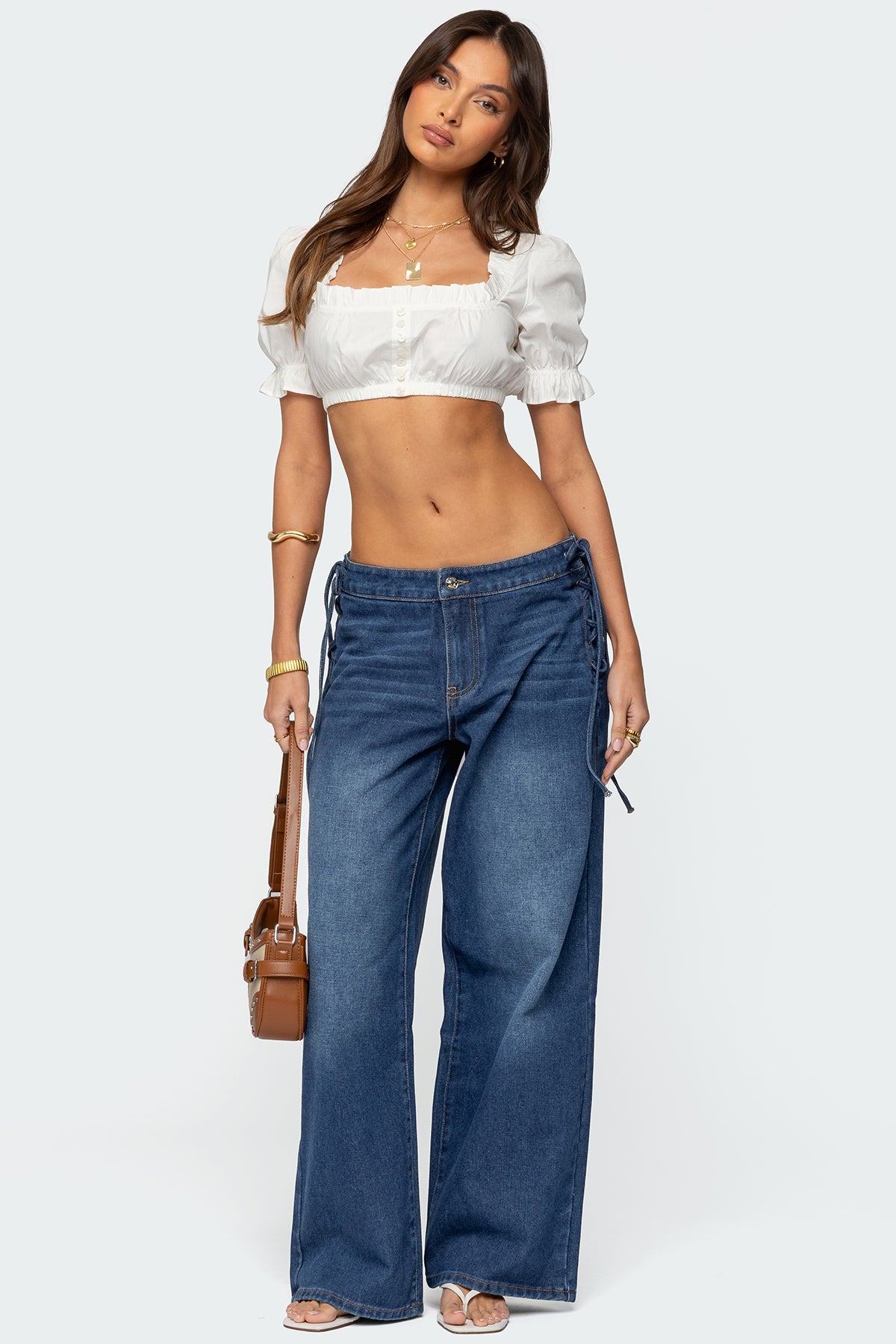 Blue Lace-Up Baggy Jeans Womens Denim Pants