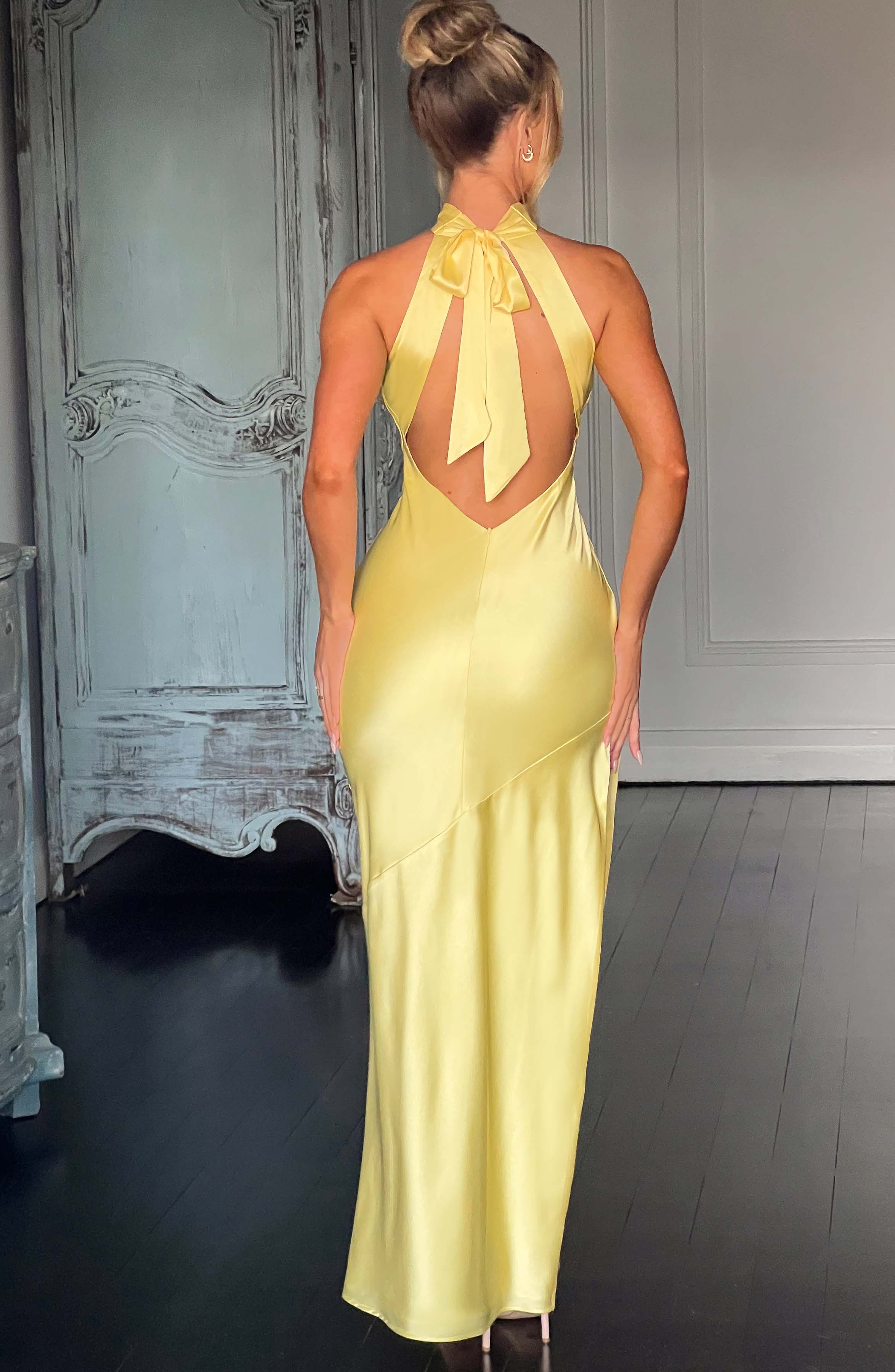 Lemon Satin Backless Maxi Dress