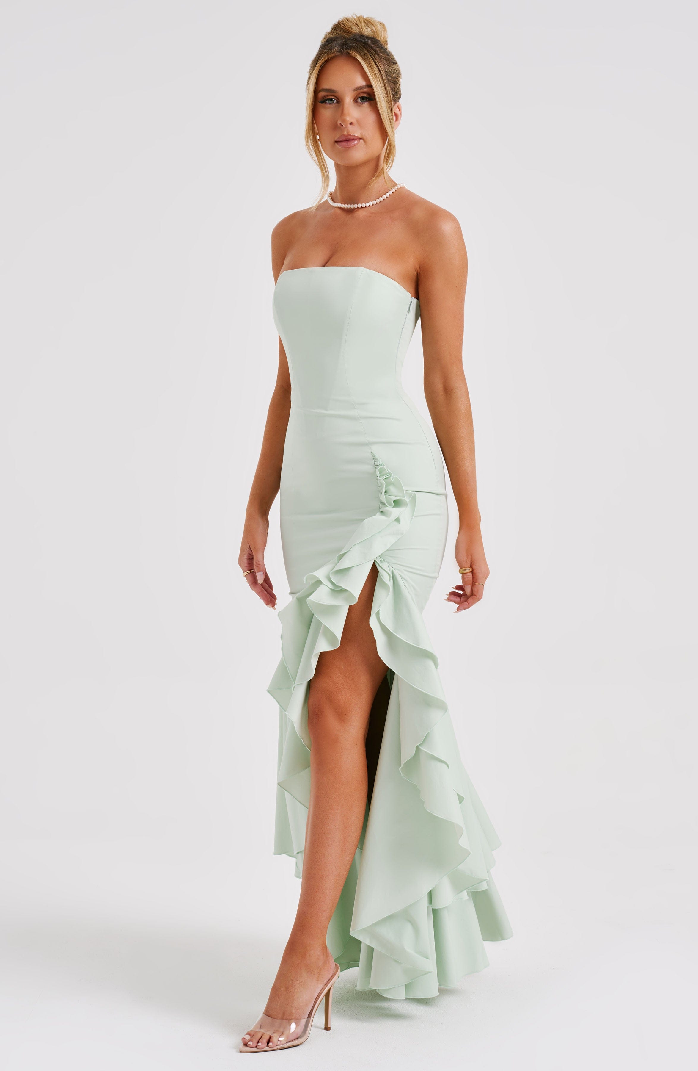 Sage Strapless Frilled Maxi Dress in Premium Cotton Blend