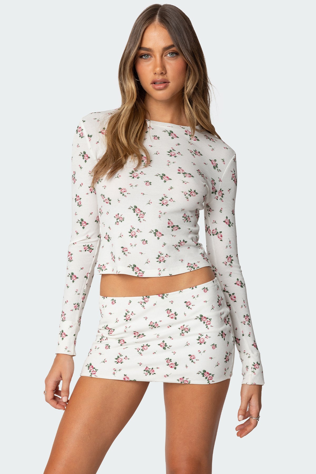 Womens Floral Waffle Top Shirt in Cream