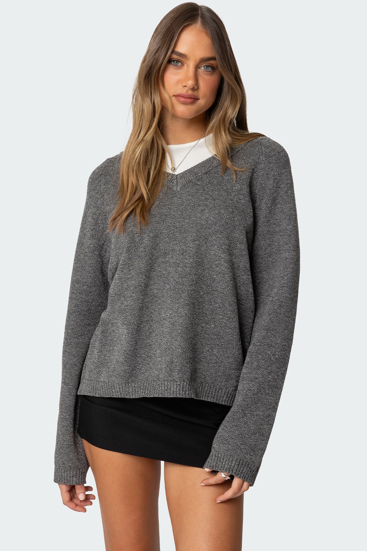 Oversized V Neck Knitted Sweater in Dark Gray Melange