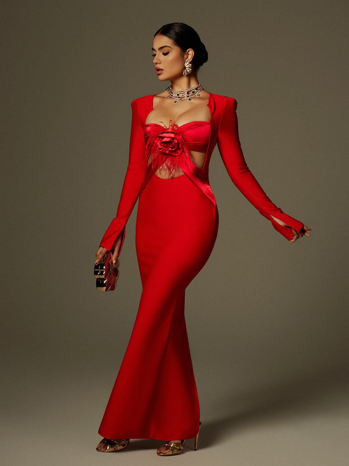 Elegant Flower Fringe Bandage Maxi Dress - Red