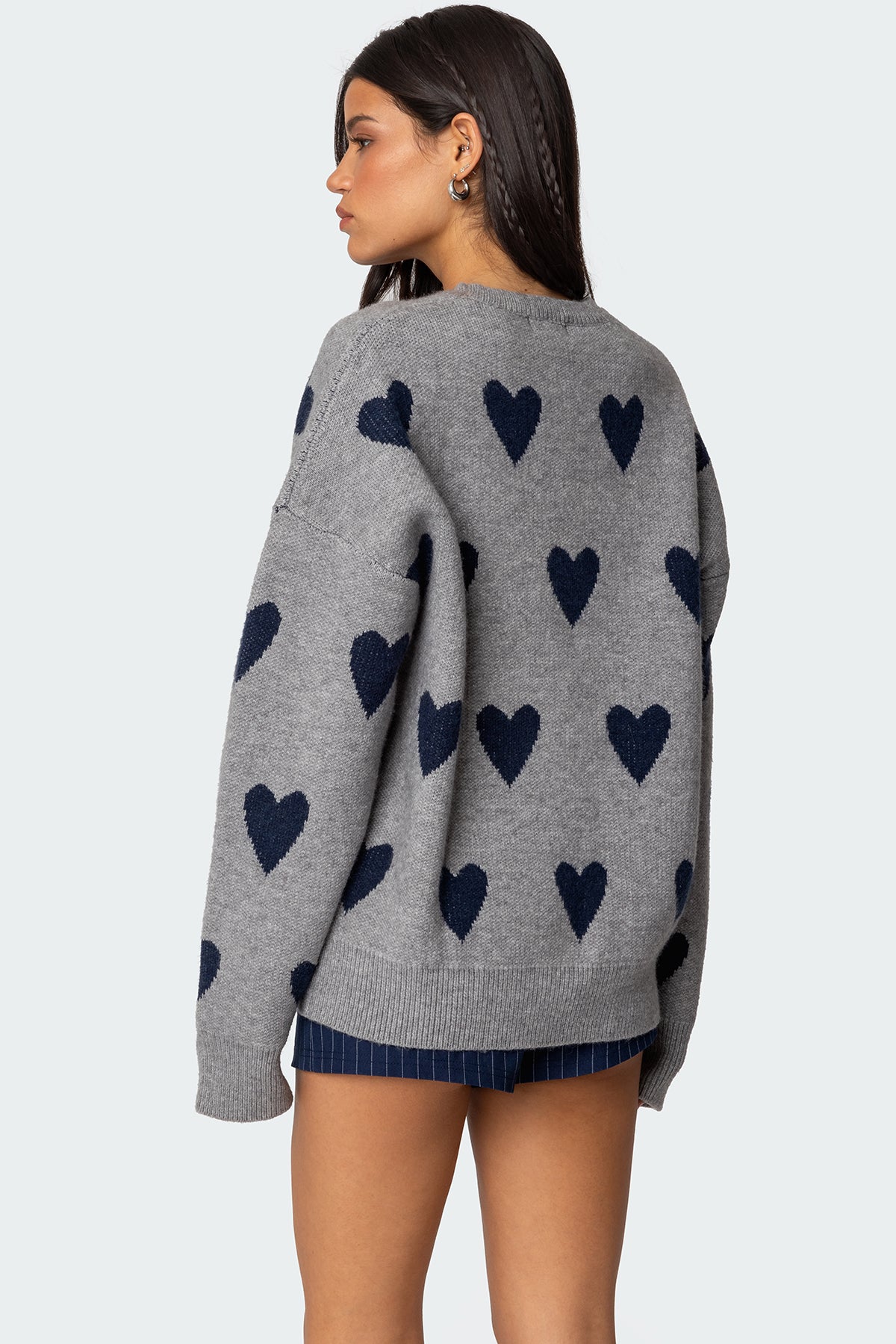 Cozy Gray Melange Knit Heart Sweater