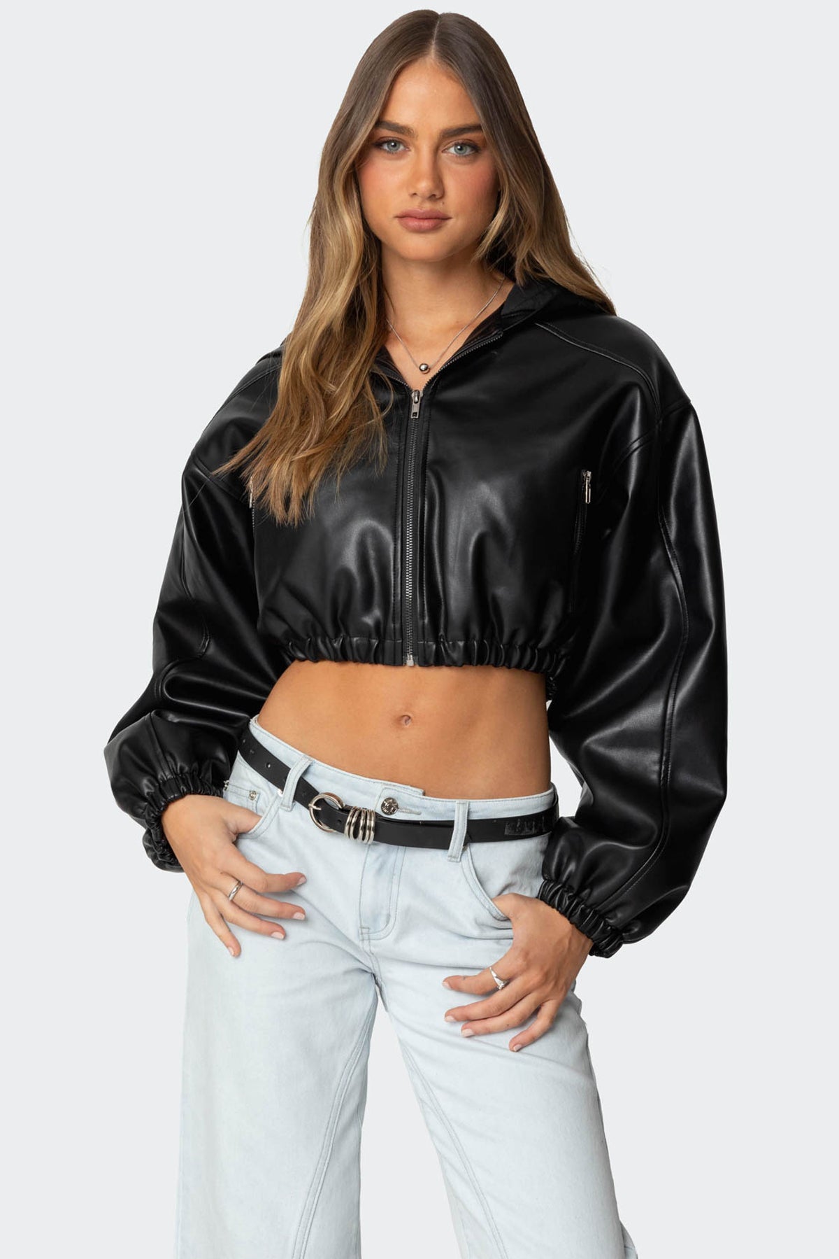 Black Hooded Faux Leather Jacket