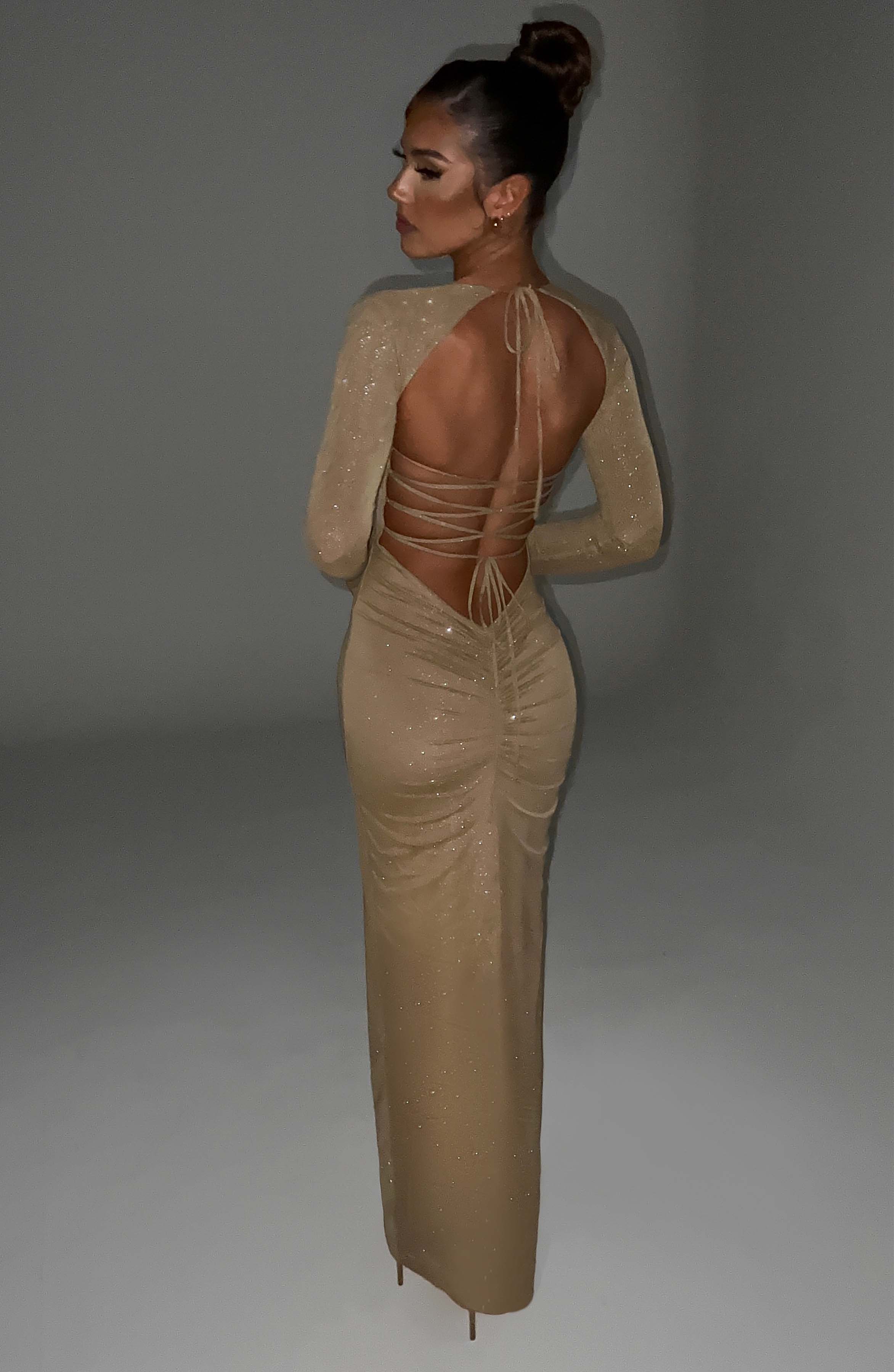 Gold Sparkle Mesh Maxi Dress with Thigh Split