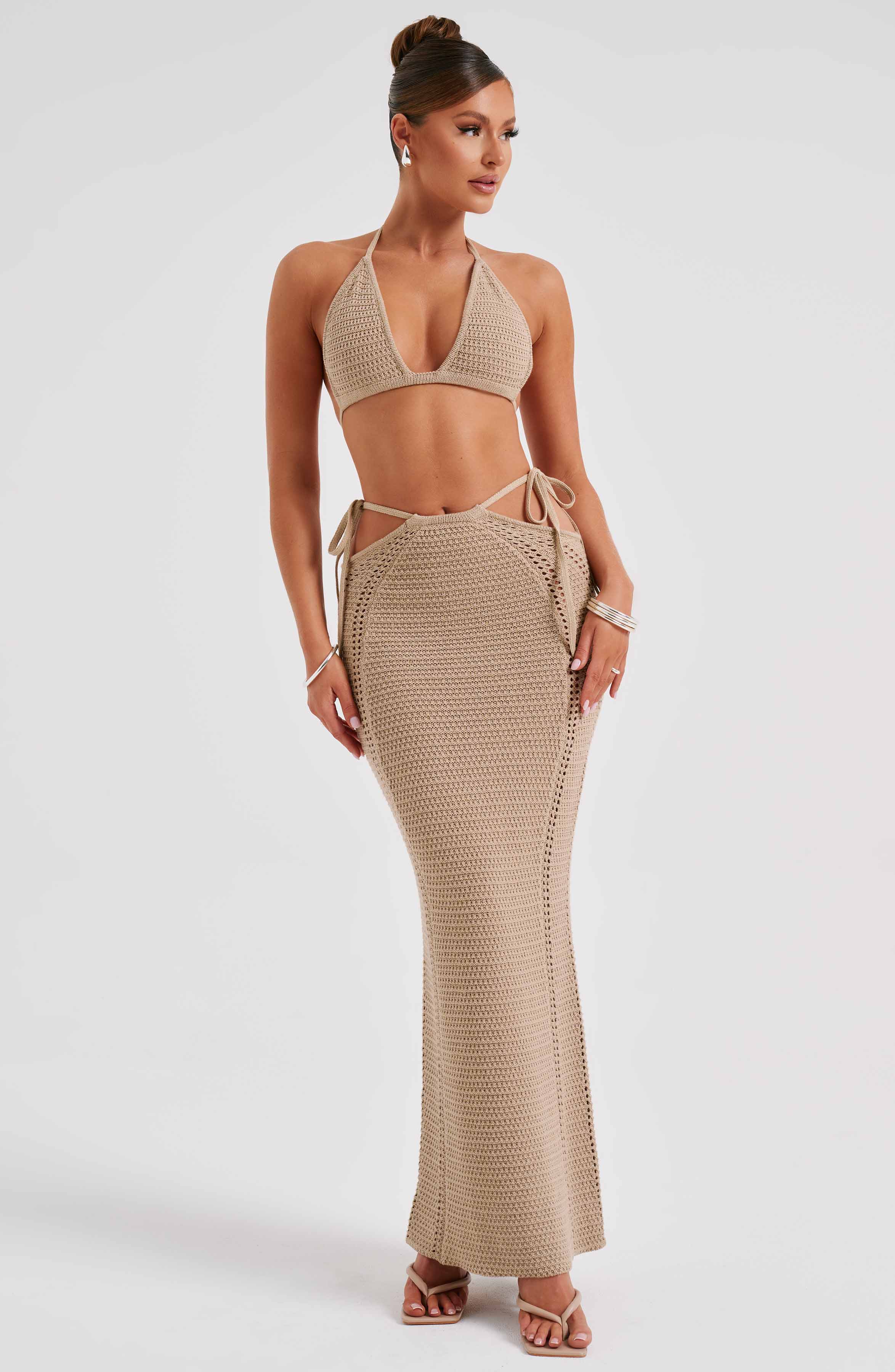 Beige Crochet Maxi Skirt - Stretchy Body Contouring Design