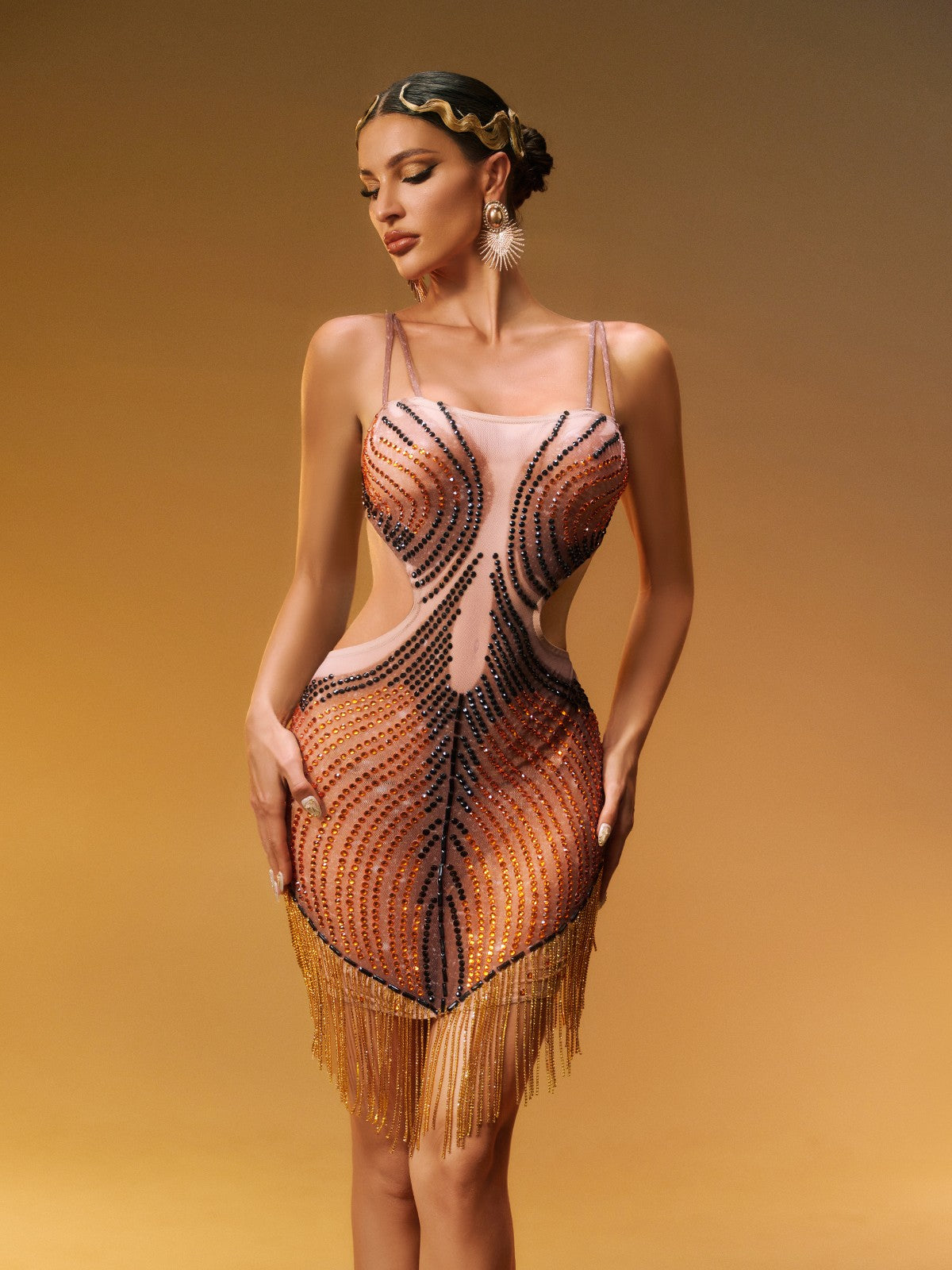 Fringe Rhinestone Embellished Mini Dress