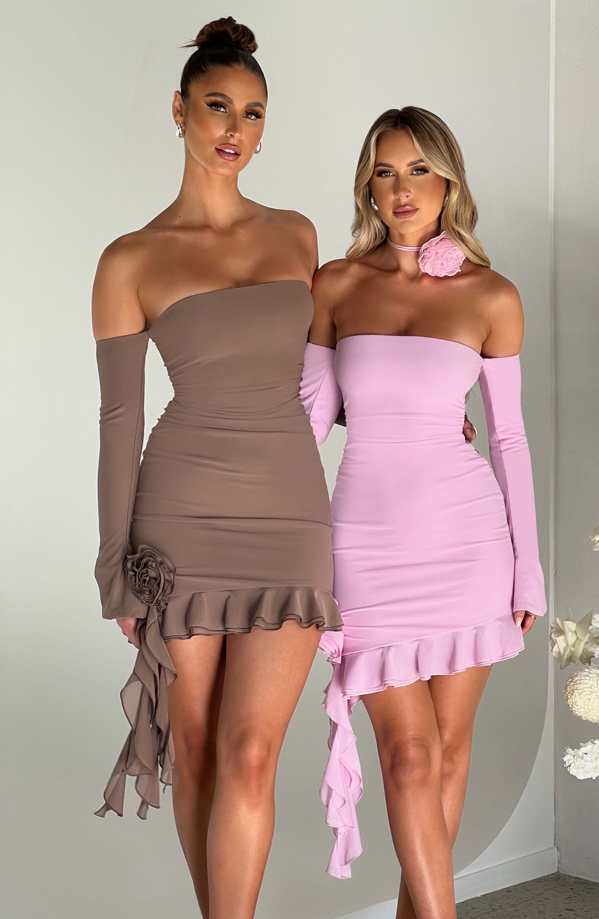 Pink Asymmetric Ruffled Mini Dress with Off-Shoulder Styling