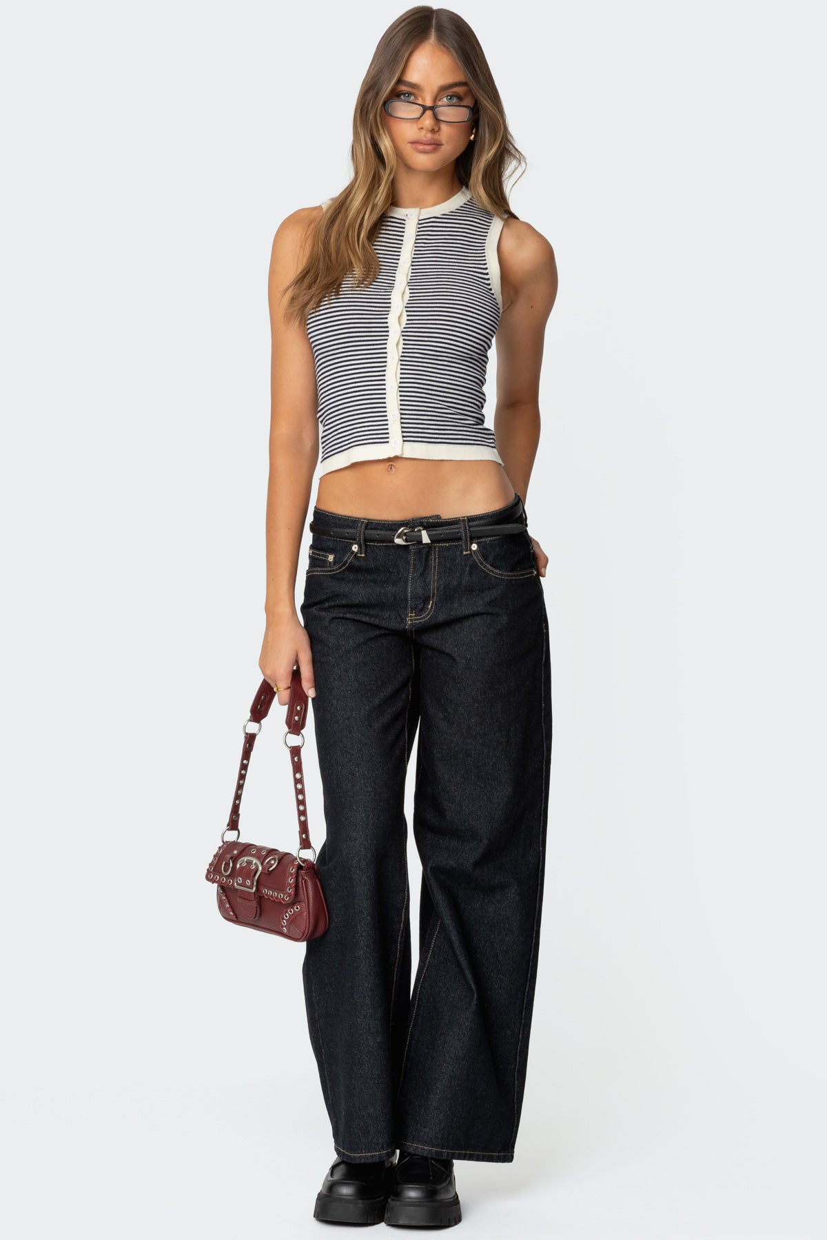 Striped Knit Button-Up Top in Cream and Navy | Stylish Everson Design