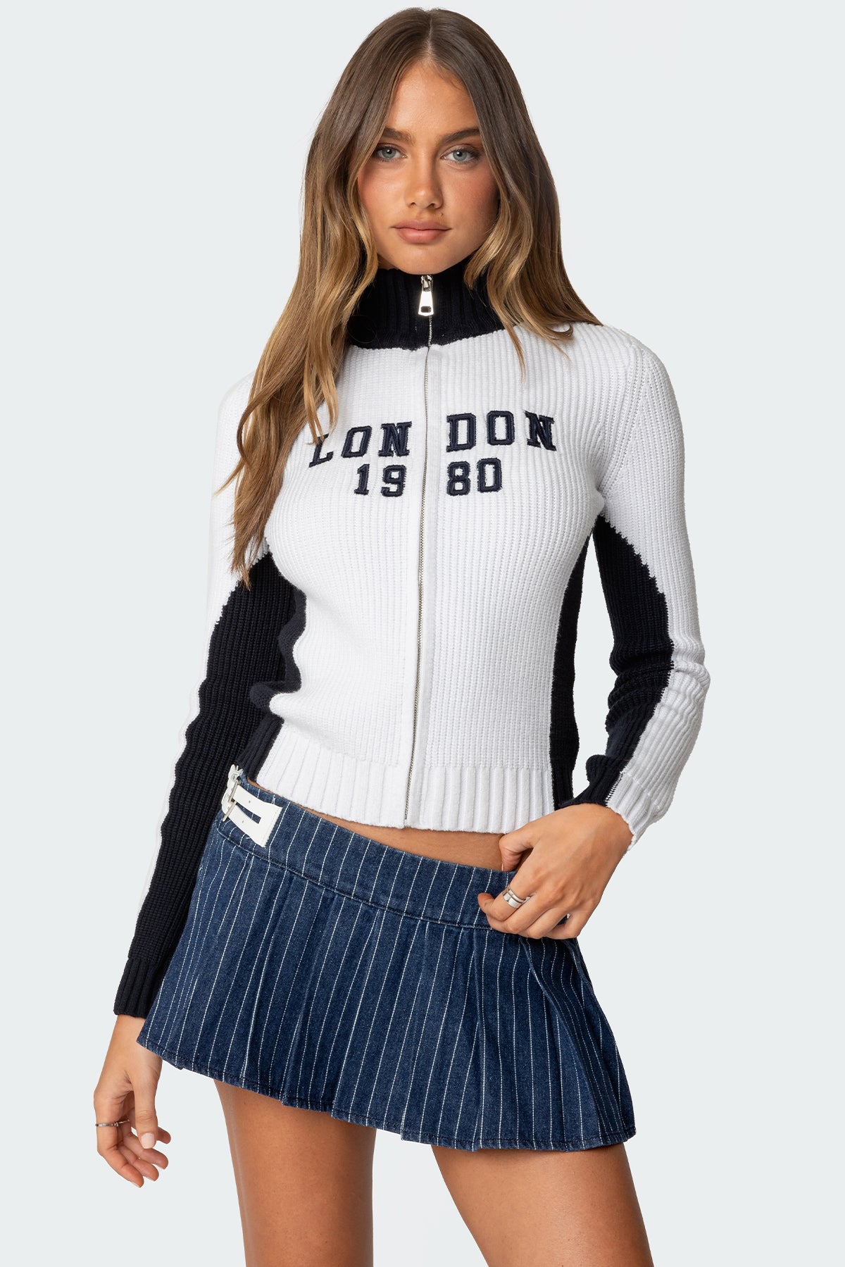 Navy and White Knitted Cardigan with High Neck