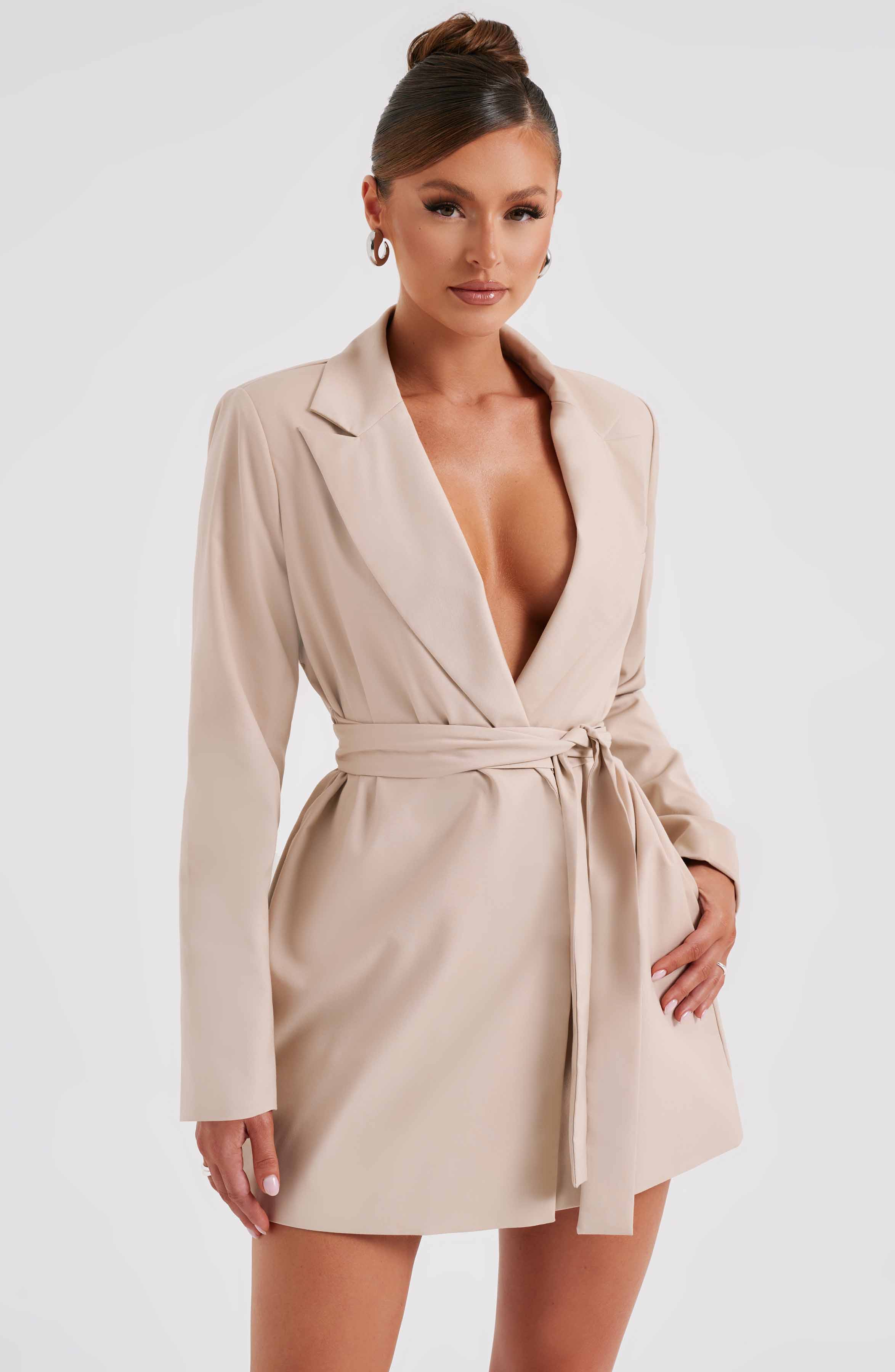 Beige Jersey Blazer Dress with Waist-Cinching Belt