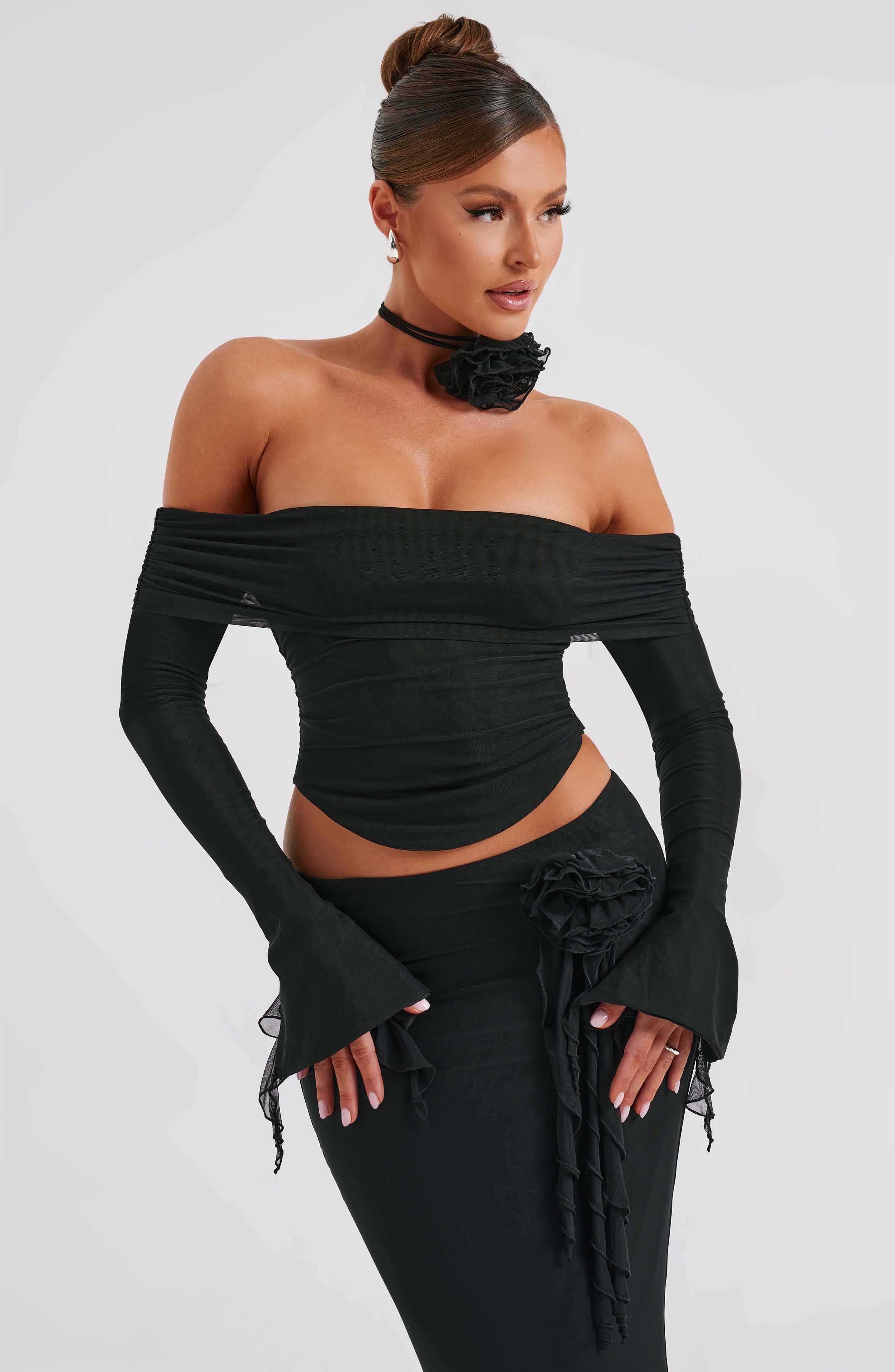 Mesh Long Sleeve Black Crop Top - Deema