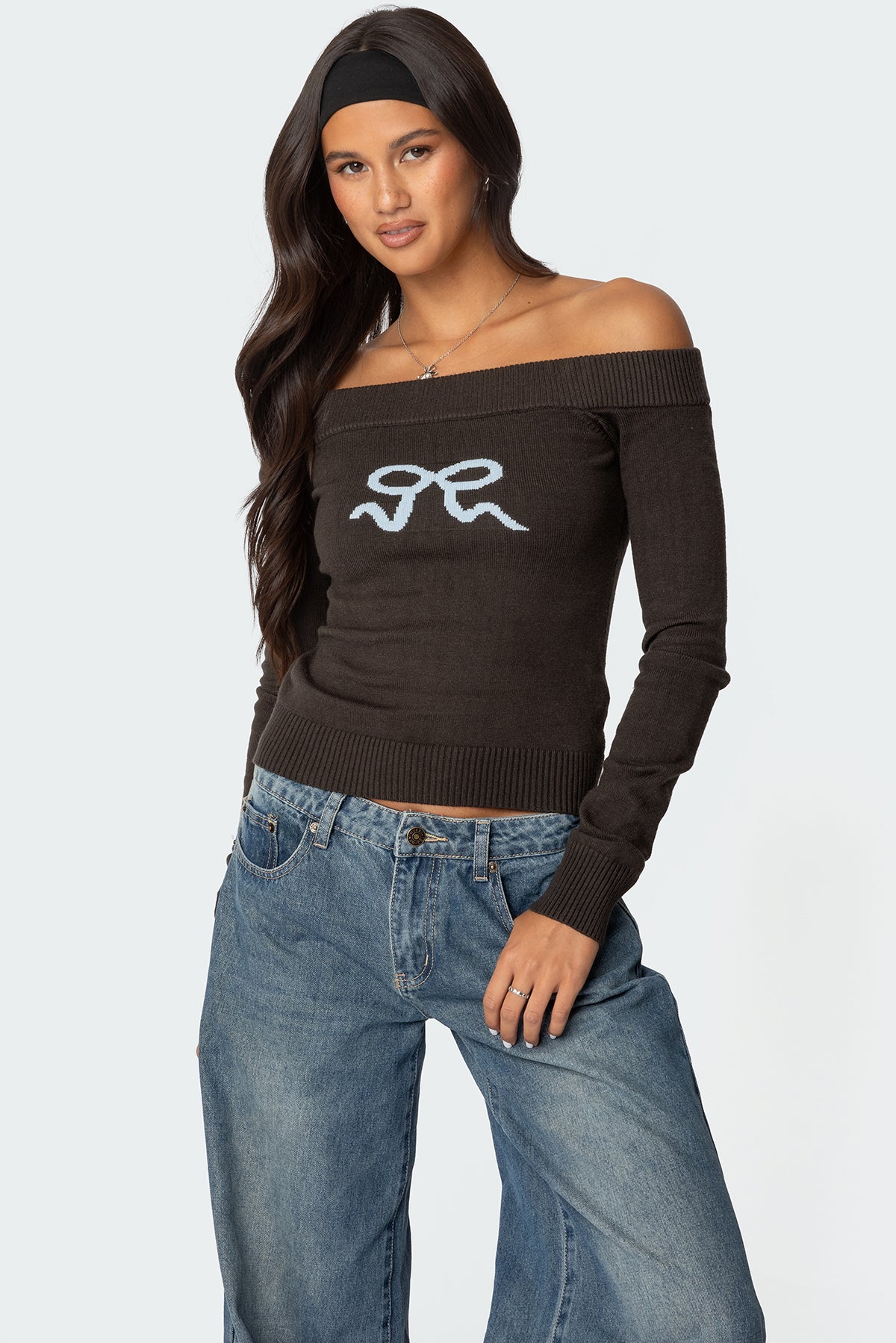 Dark Gray Knit Off-Shoulder Bow Sweater