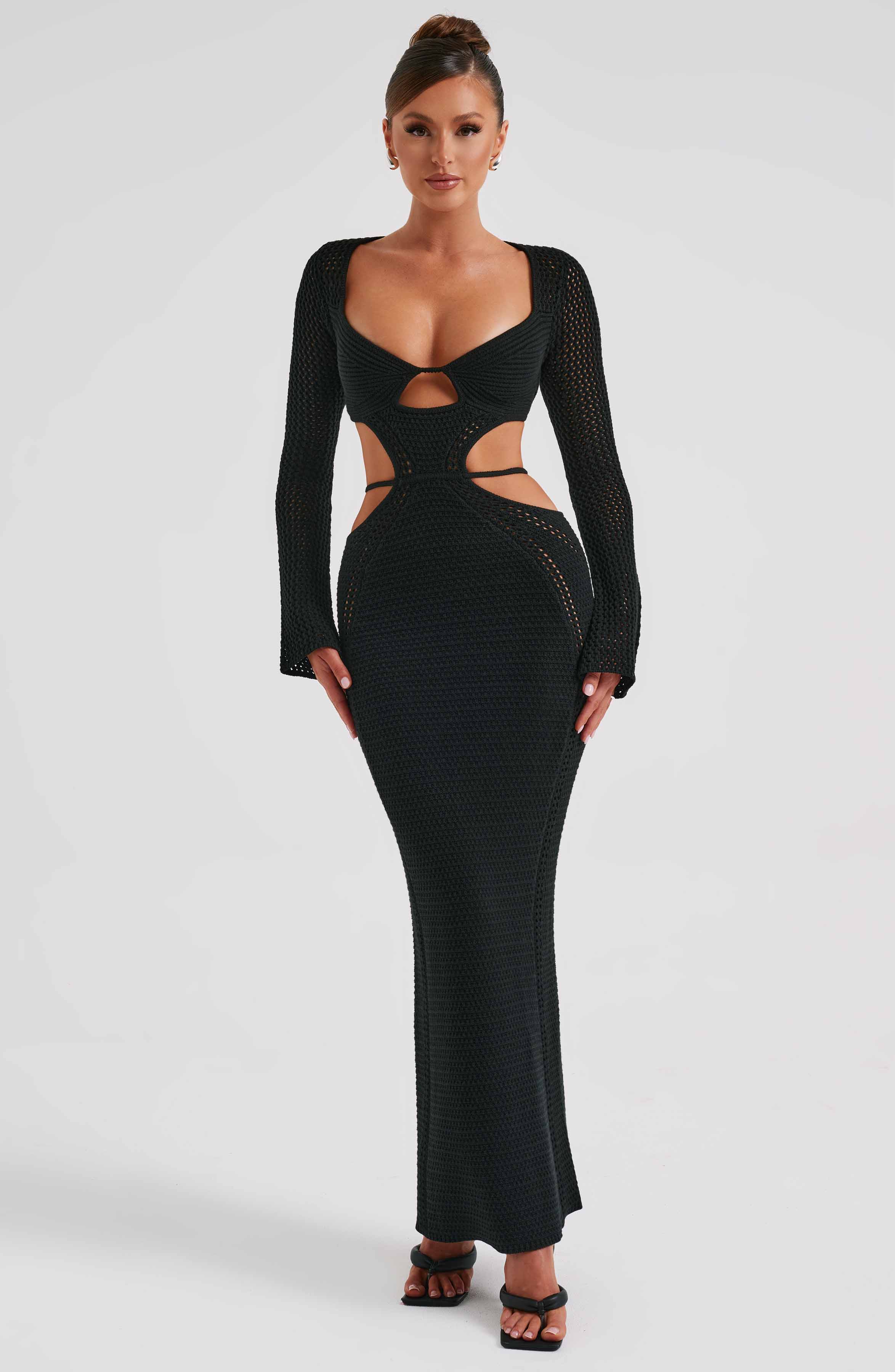 Black Crochet Maxi Dress with Plunge Neckline