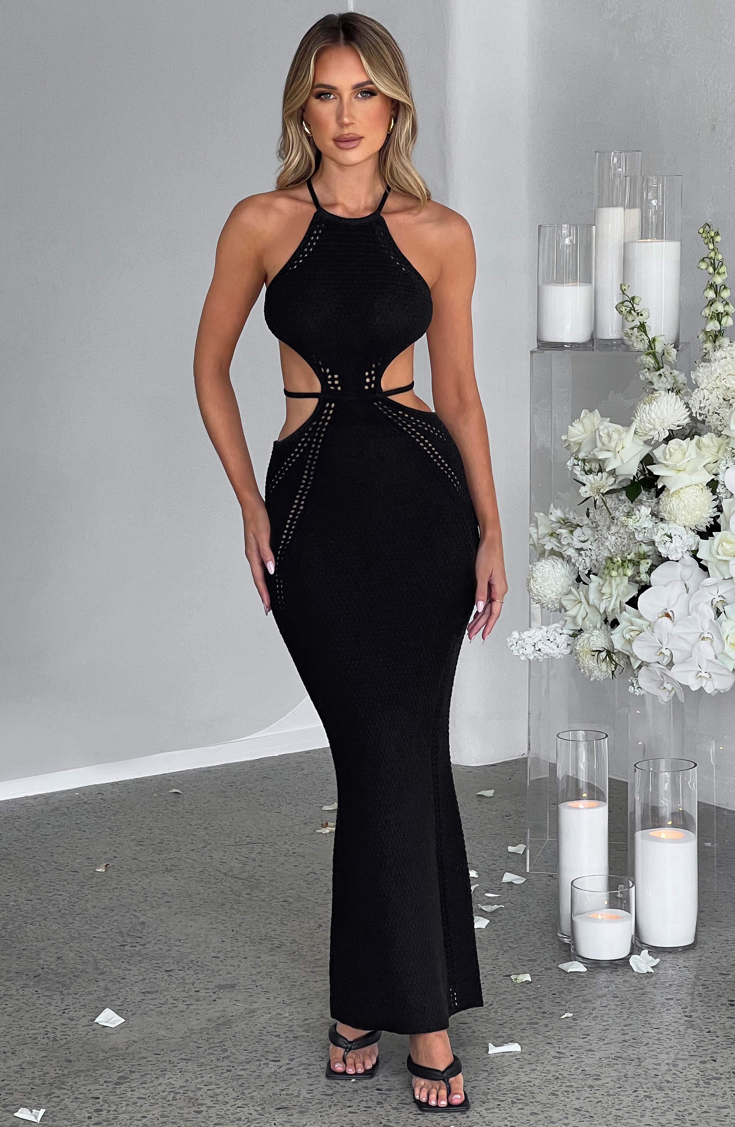 Black Crochet Knit Halterneck Backless Maxi Dress