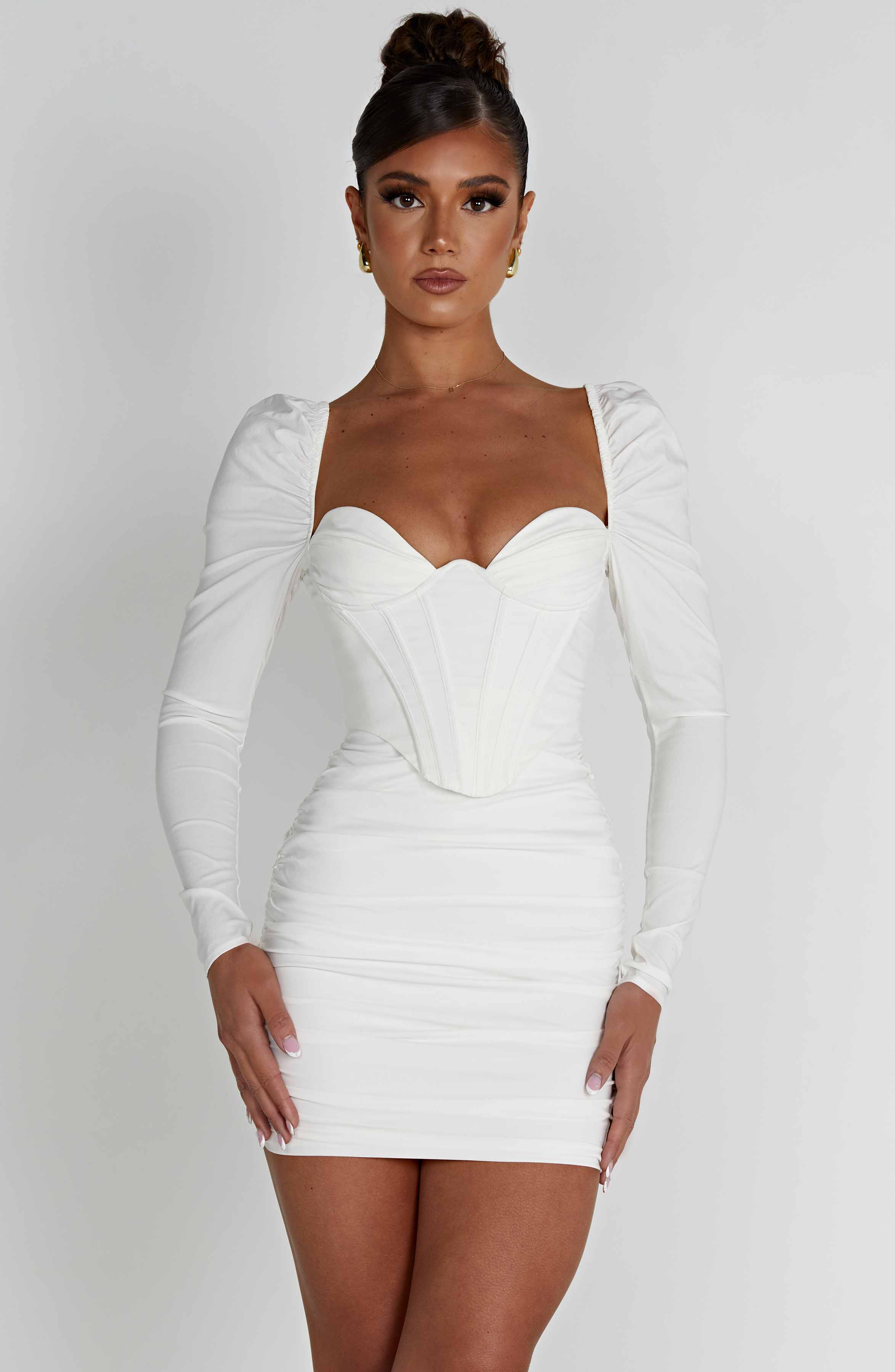 Ruched Corseted White Mini Dress - Premium Cotton