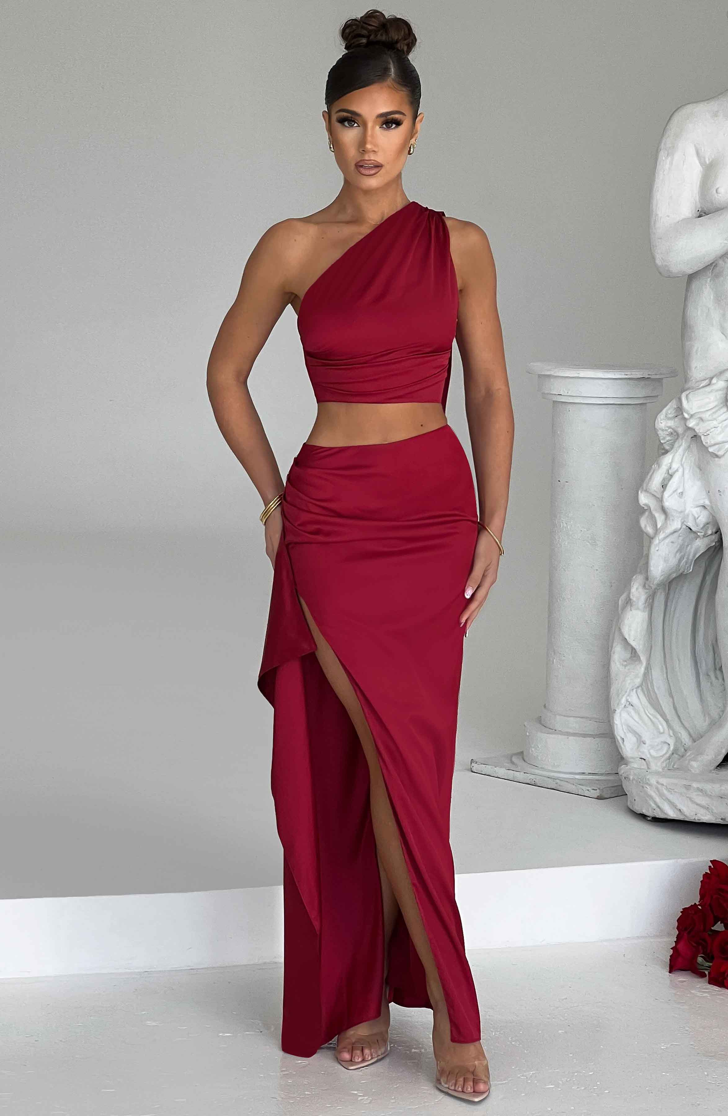 Luxury Wine Satin Maxi Skirt with Thigh High Split