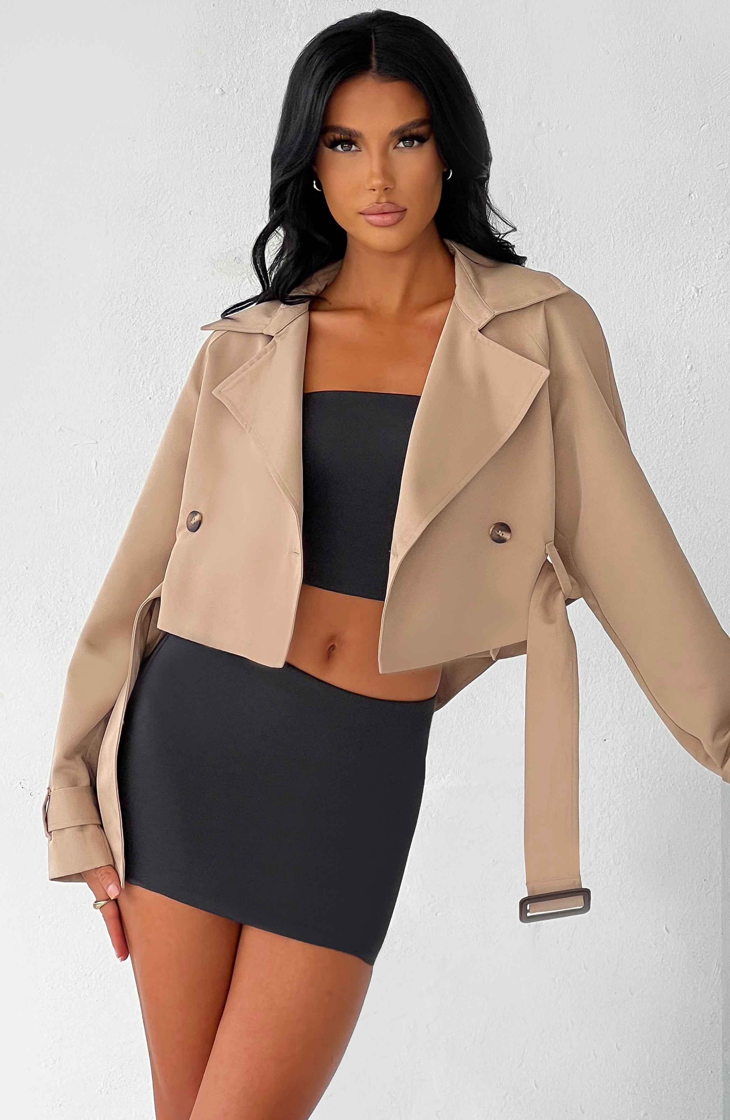 Beige Cropped Trench Jacket - Premium Polyester Design