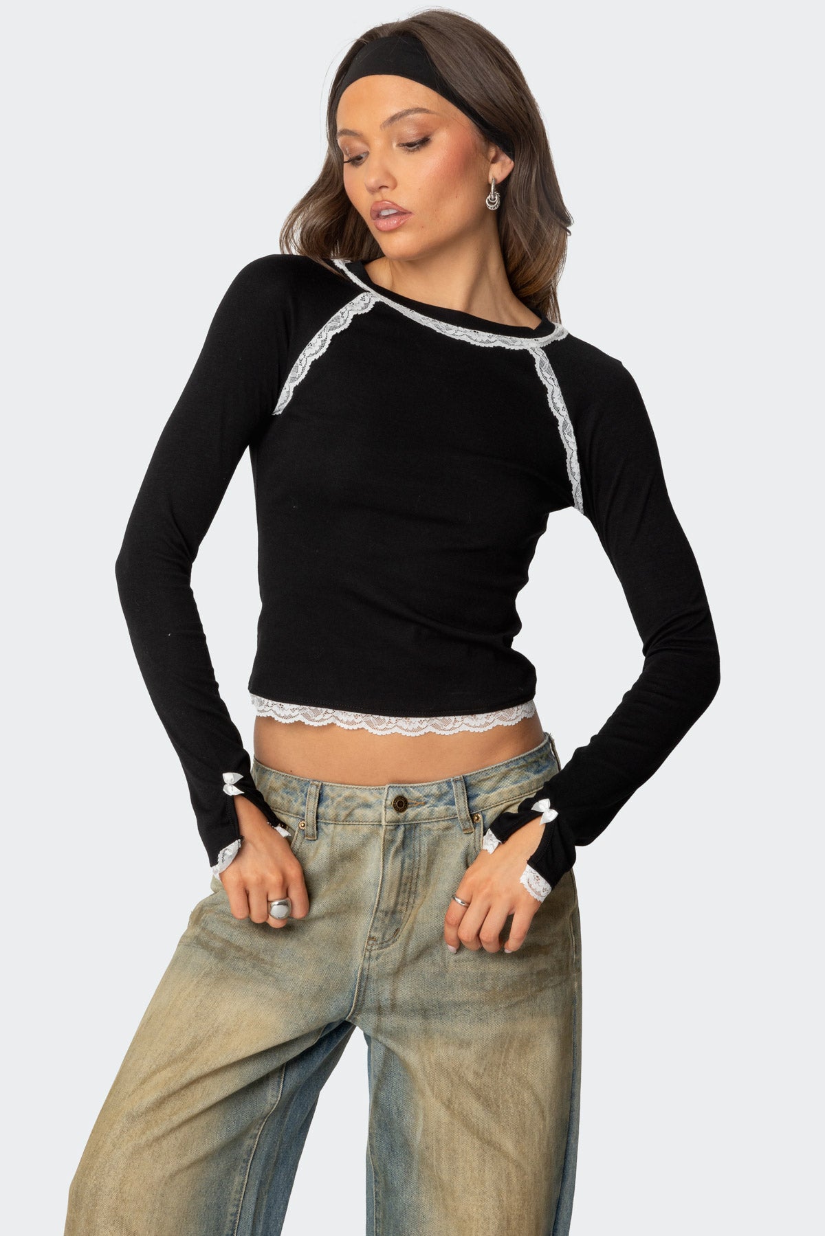 Ribbed Cotton Top with Lace Trim Detailing