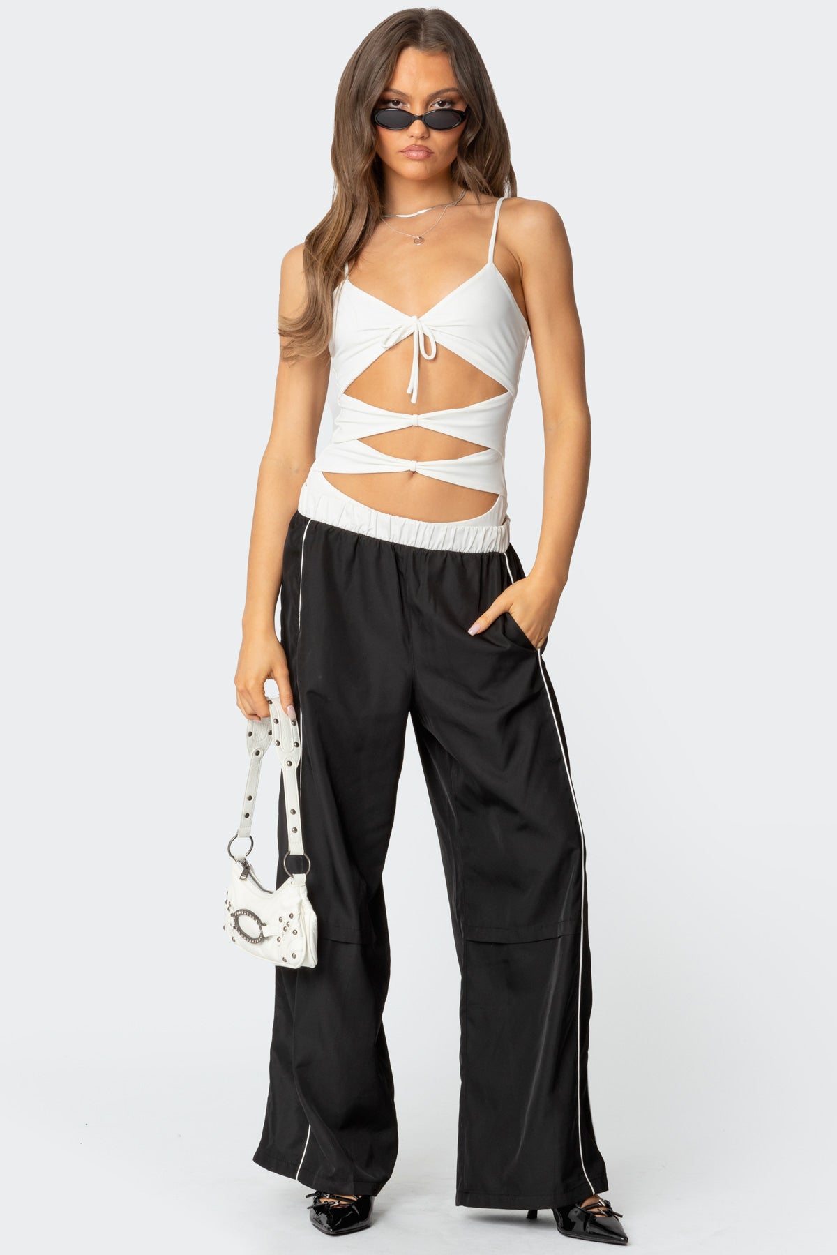 Stylish Black and White Nylon Track Pants for Active Lifestyle