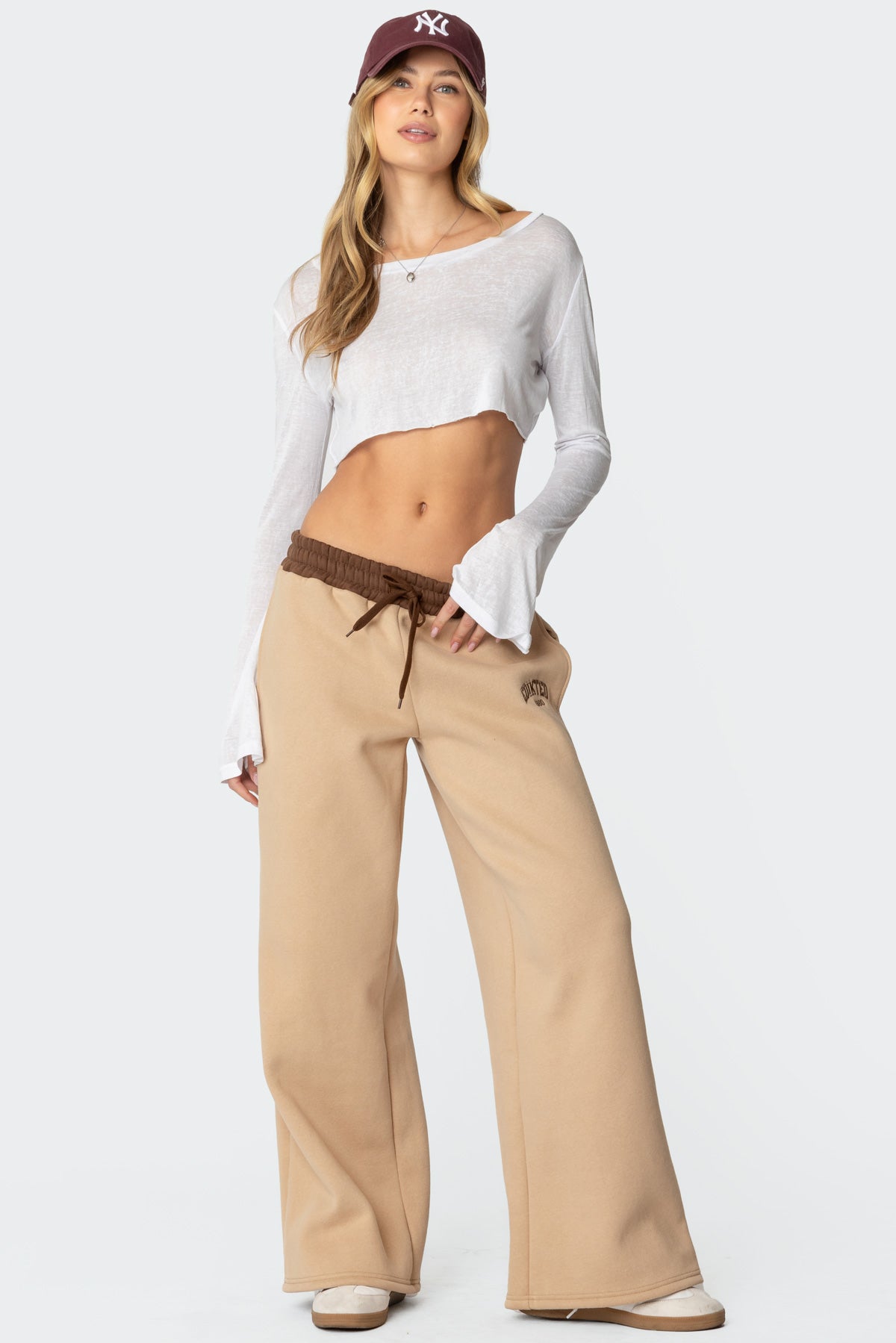 Contrast Embroidered Sweatpants in Camel Color - Adjustable Waist