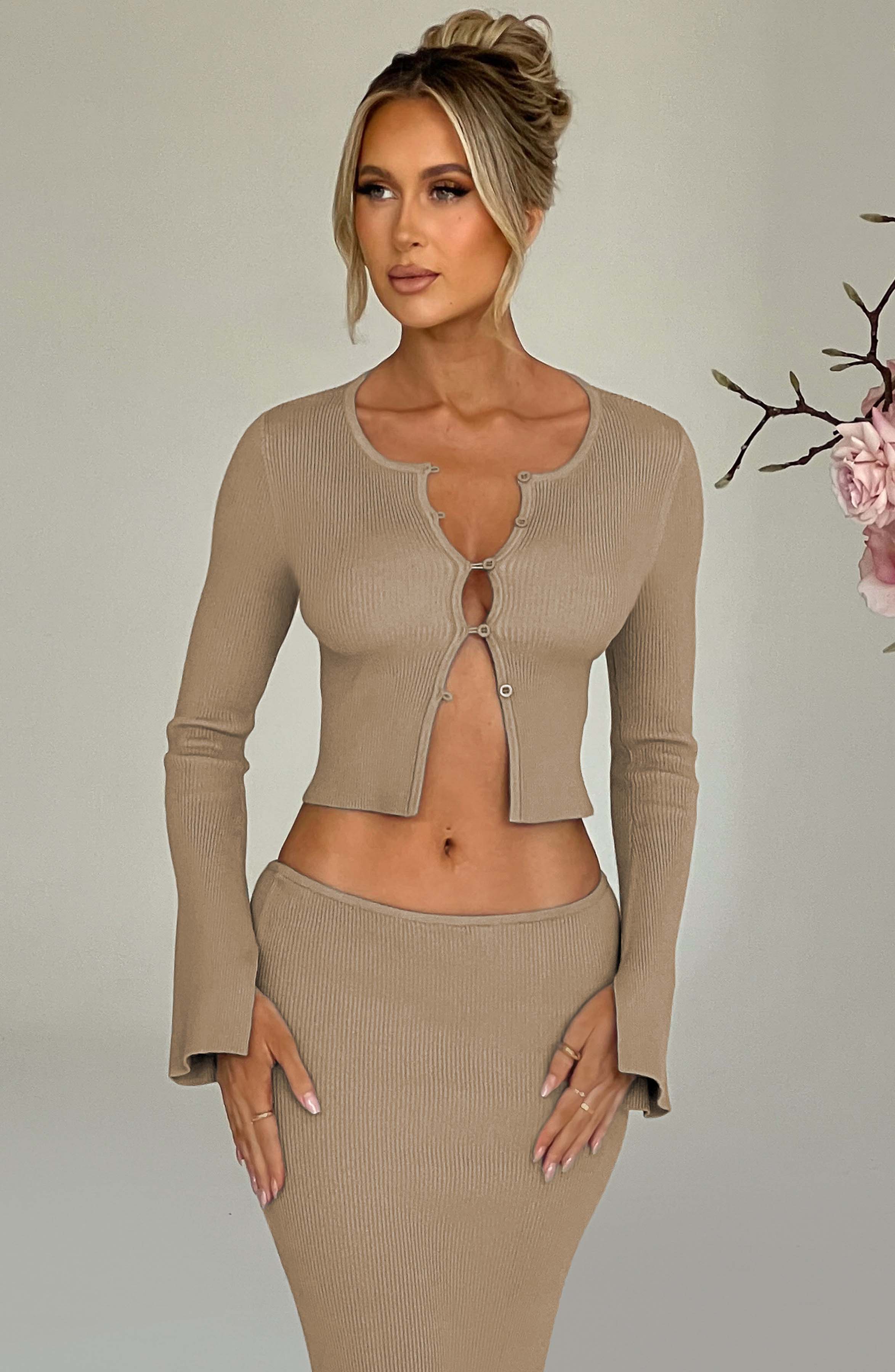 Beige Ribbed Knit Crop Cardigan - Long Sleeve Button Front