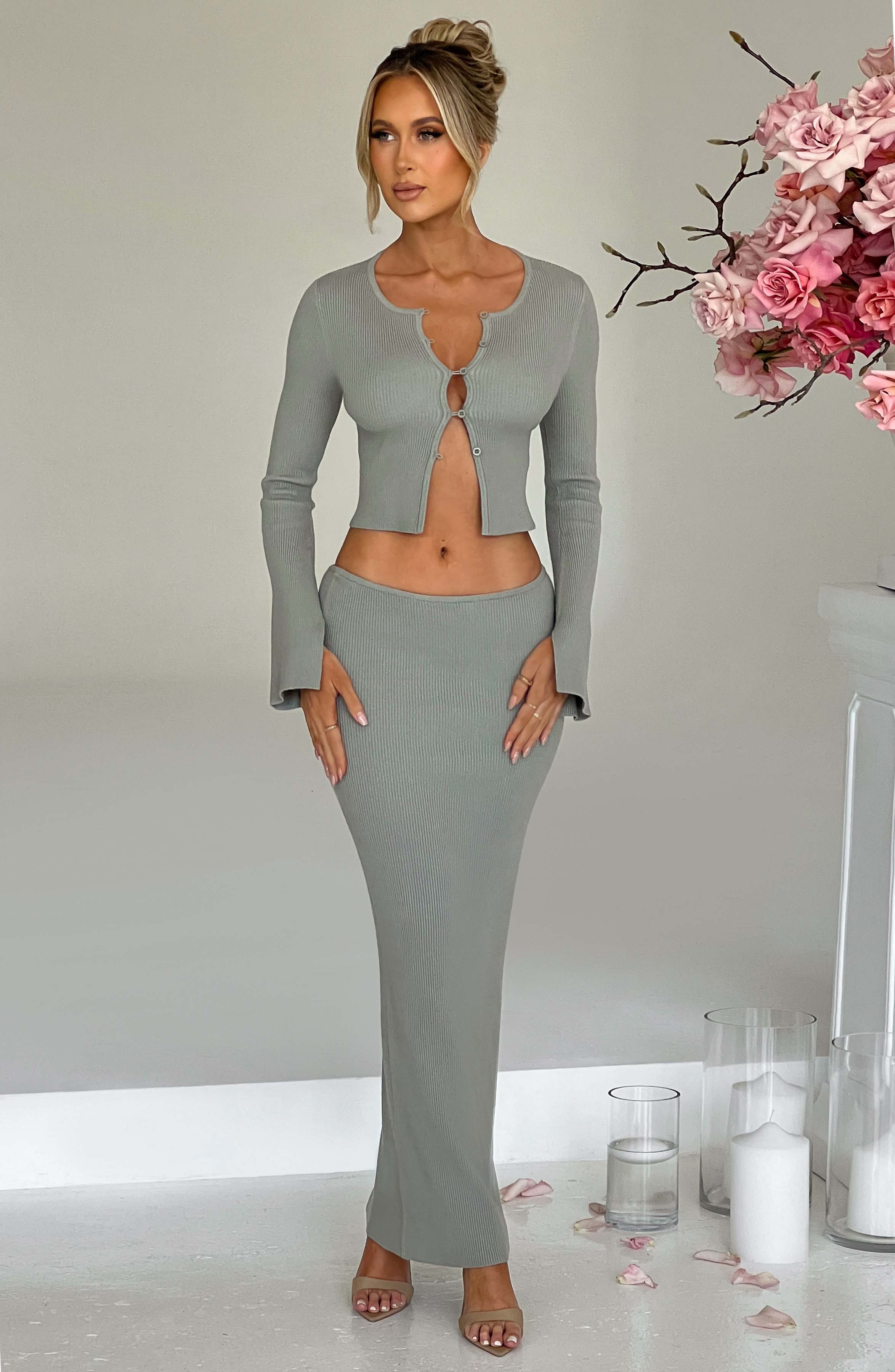 Ribbed Knit Maxi Skirt in Khaki - Flattering Fit
