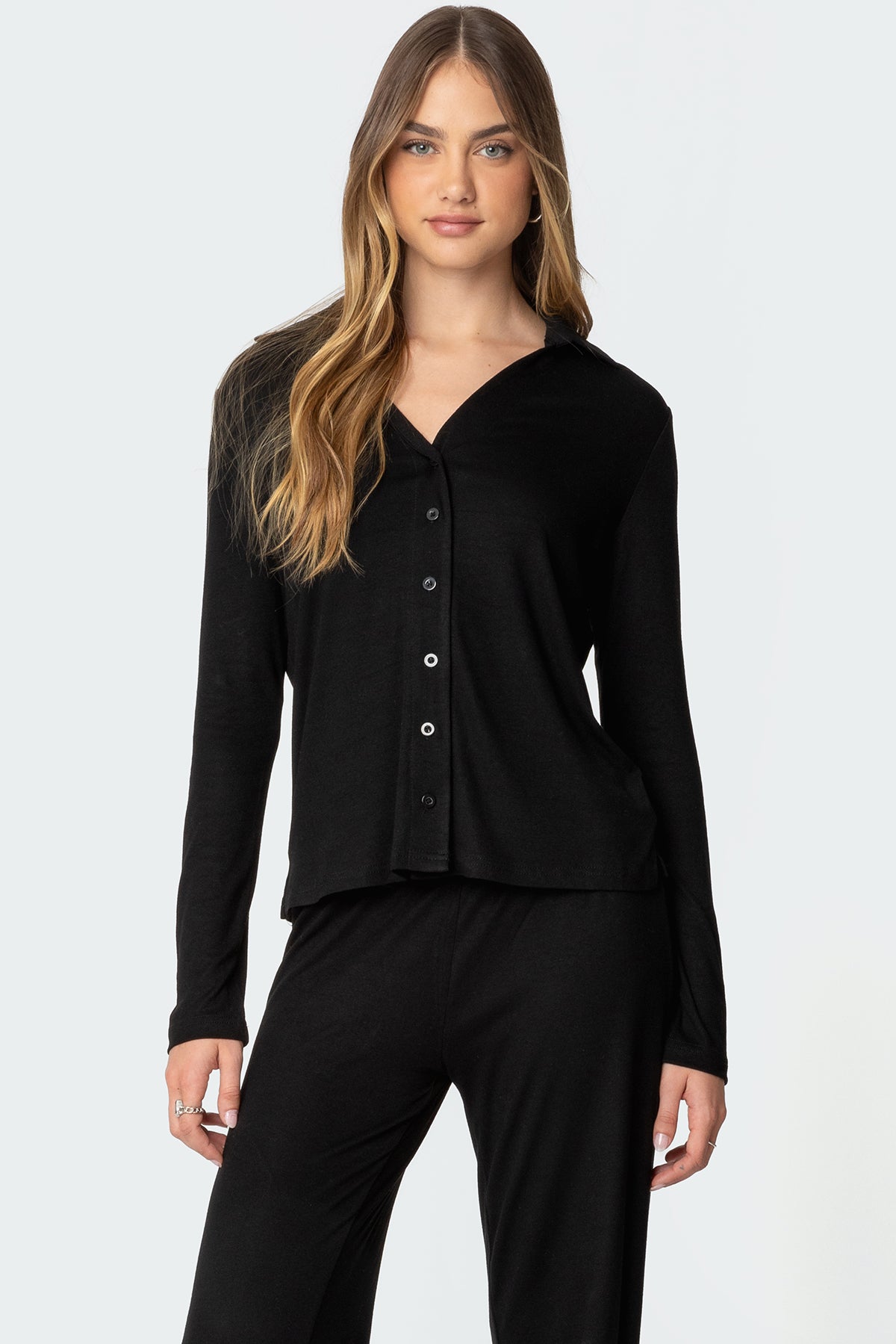 Classic Black Button-Up Sleepwear Top - Long Sleeve V-Neck Collar