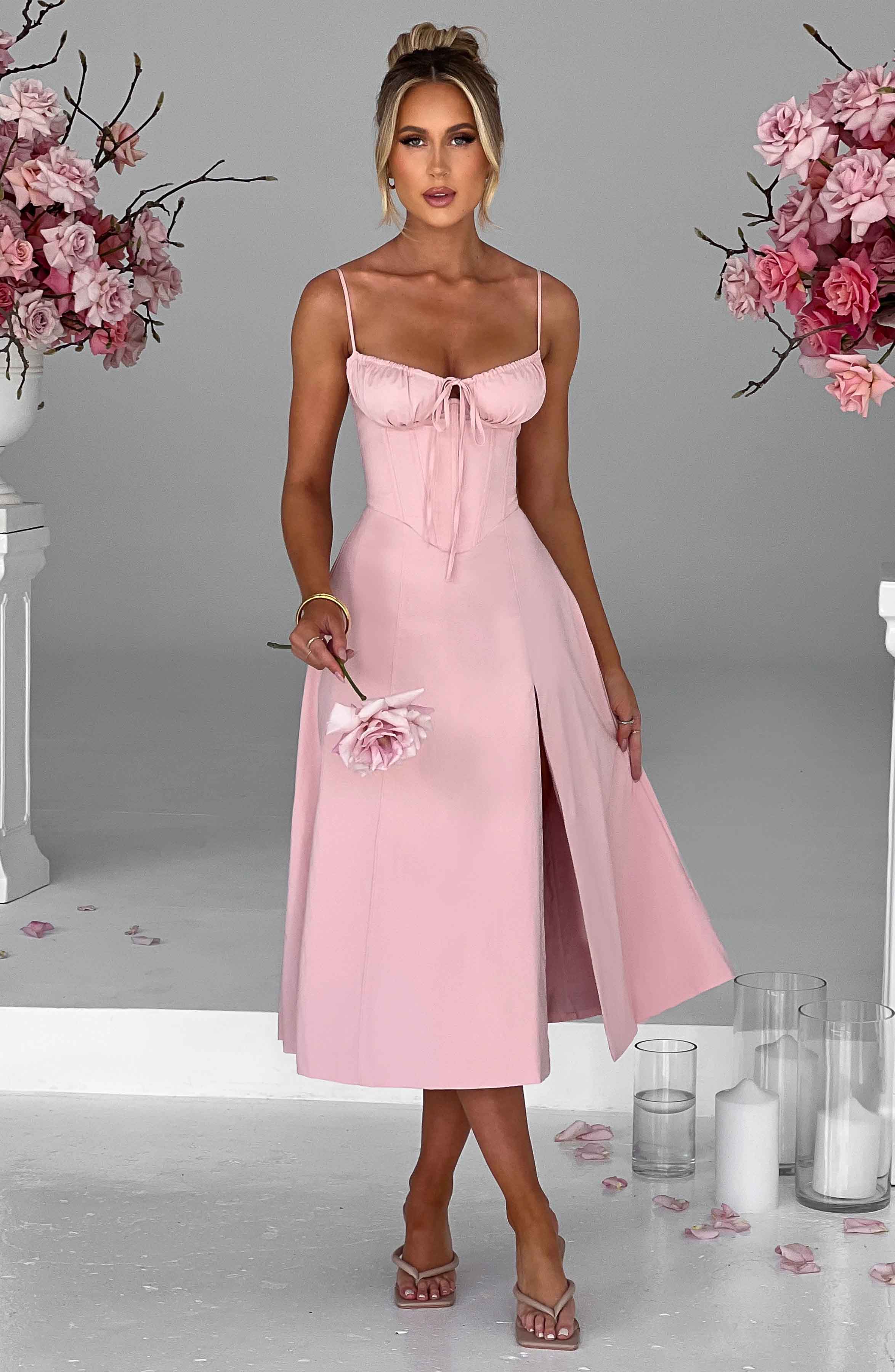 Feminine Blush Corseted Midi Dress - Premium Fabric