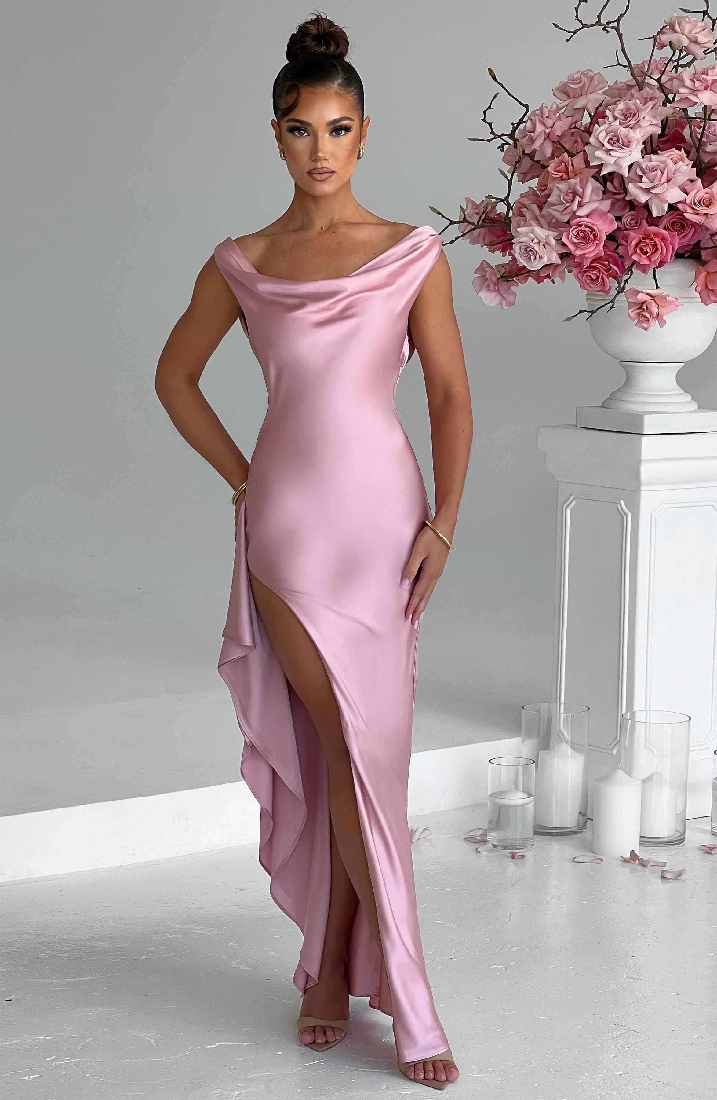 Blush Off the Shoulder Maxi Dress with Thigh-High Split