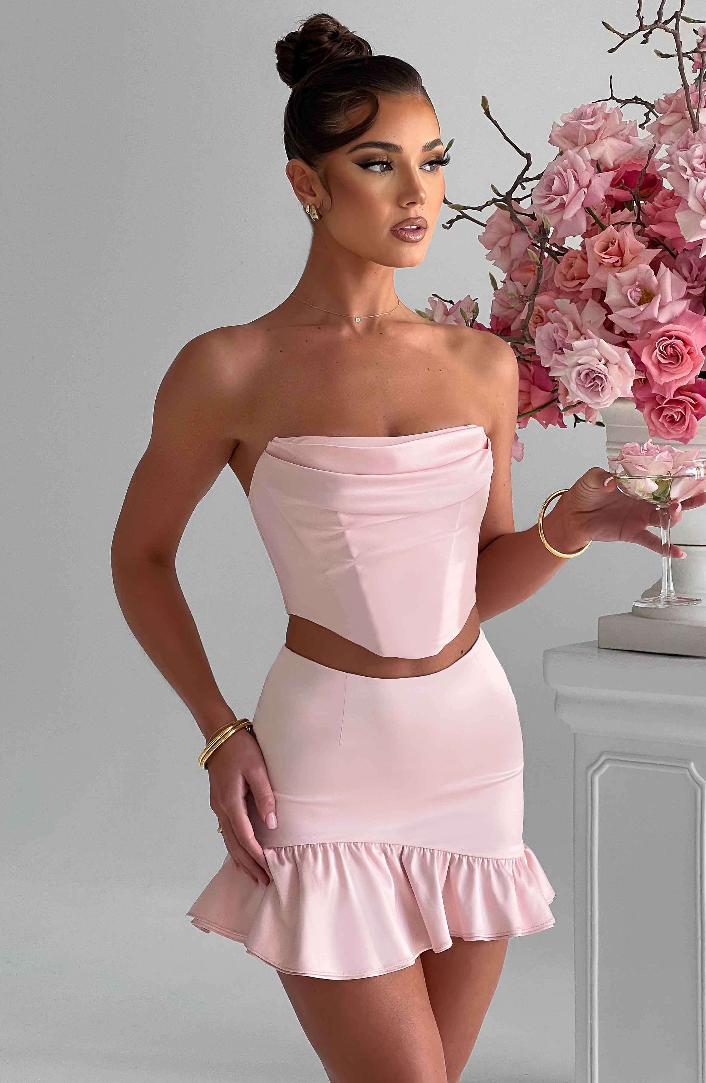 Blush Stretch Satin Mini Skirt with Asymmetric Frill Hem
