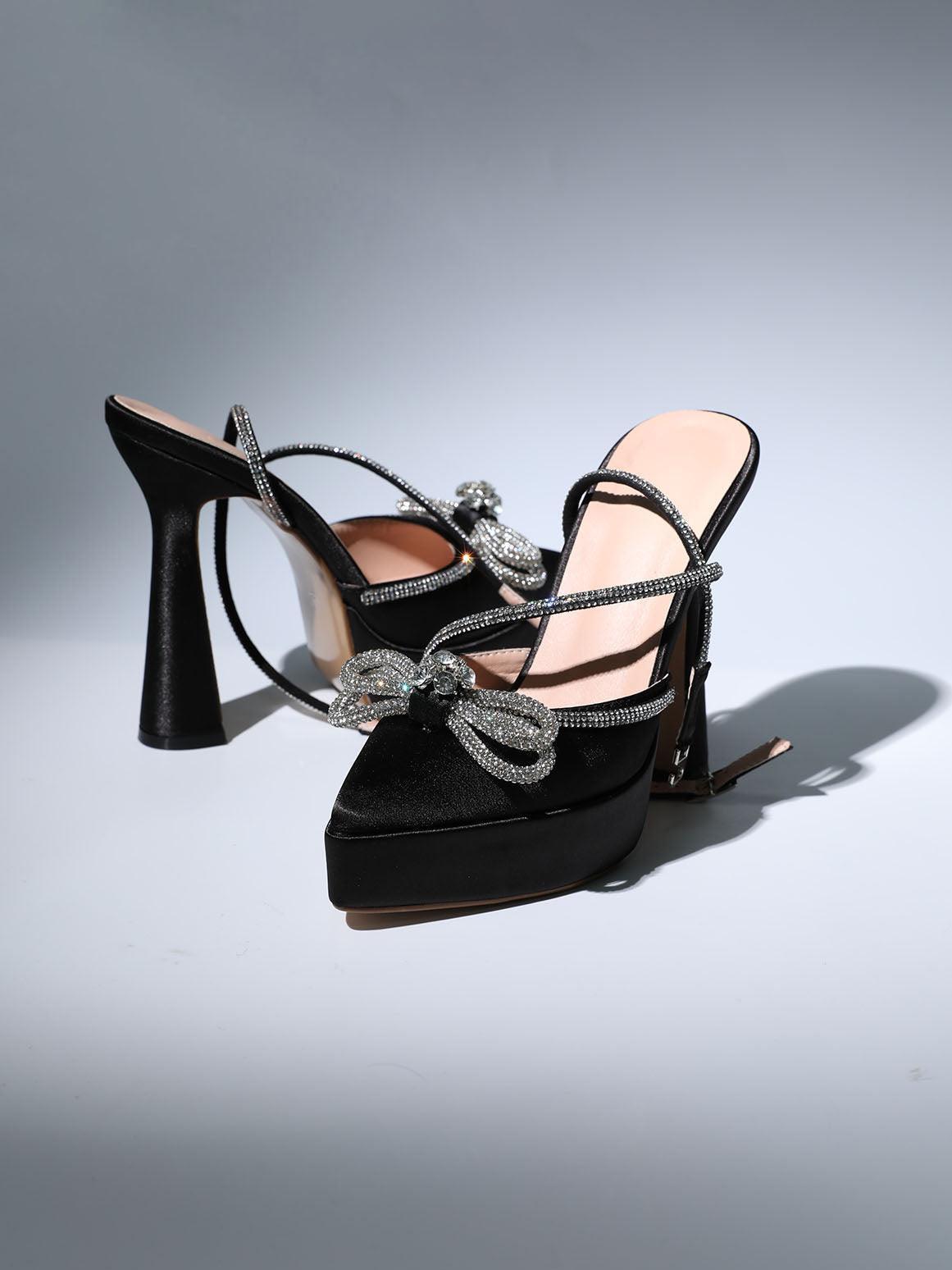 Black Crystal Satin Platform Heels with Bows - Tapered Block Heel