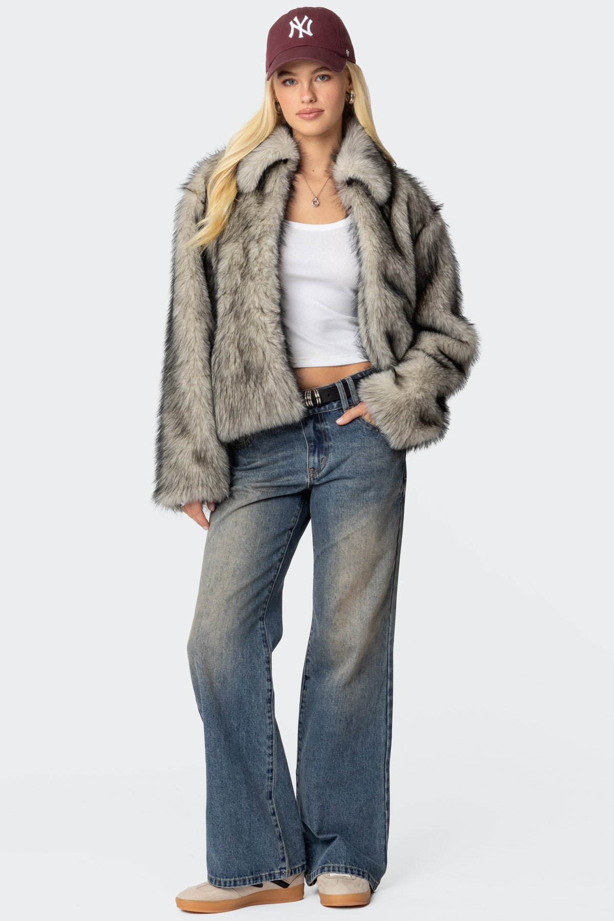 Faux Fur Jacket Collared Design Black and White XS-XL