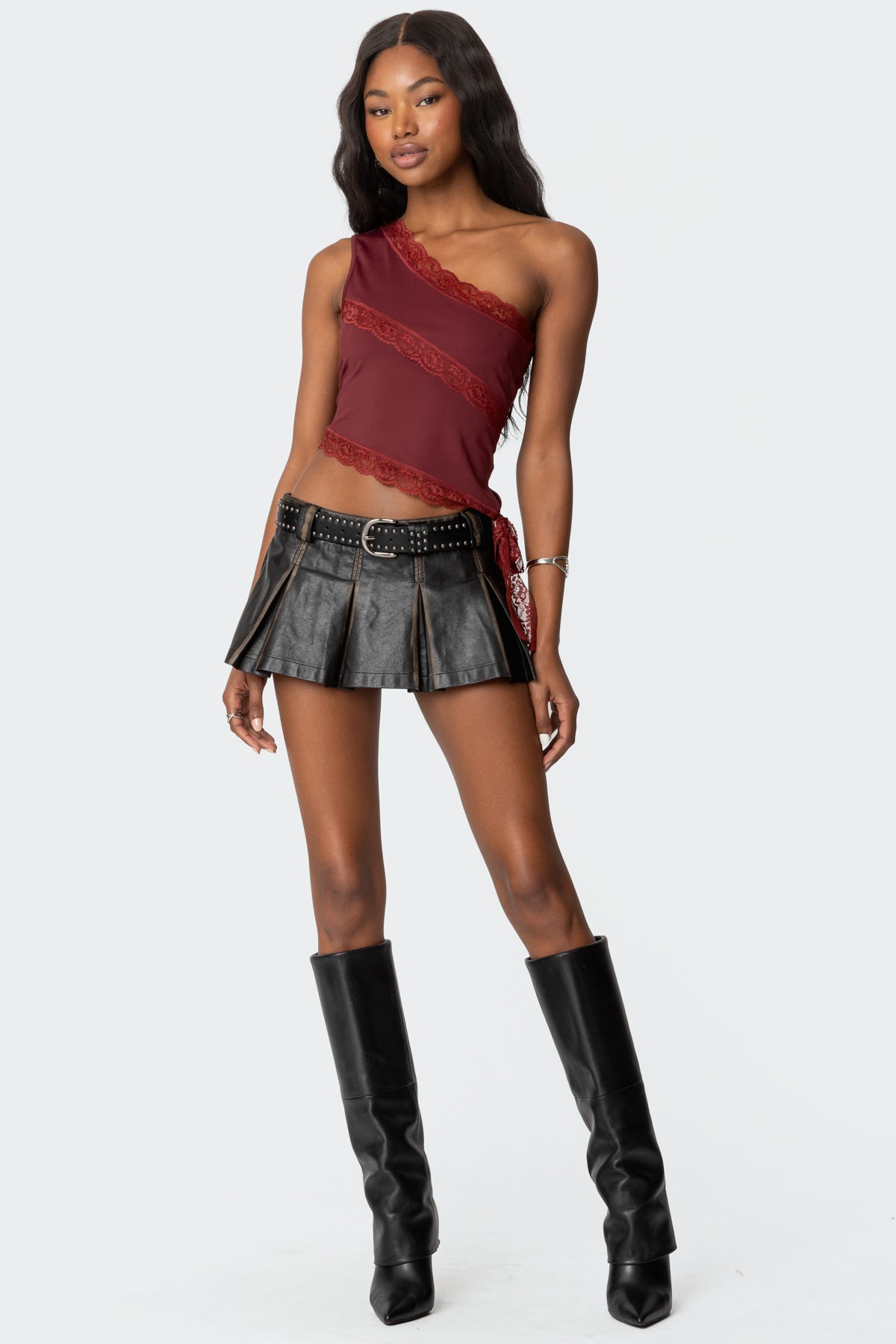 Burgundy One Shoulder Lace Detail Top - Womens Fashion