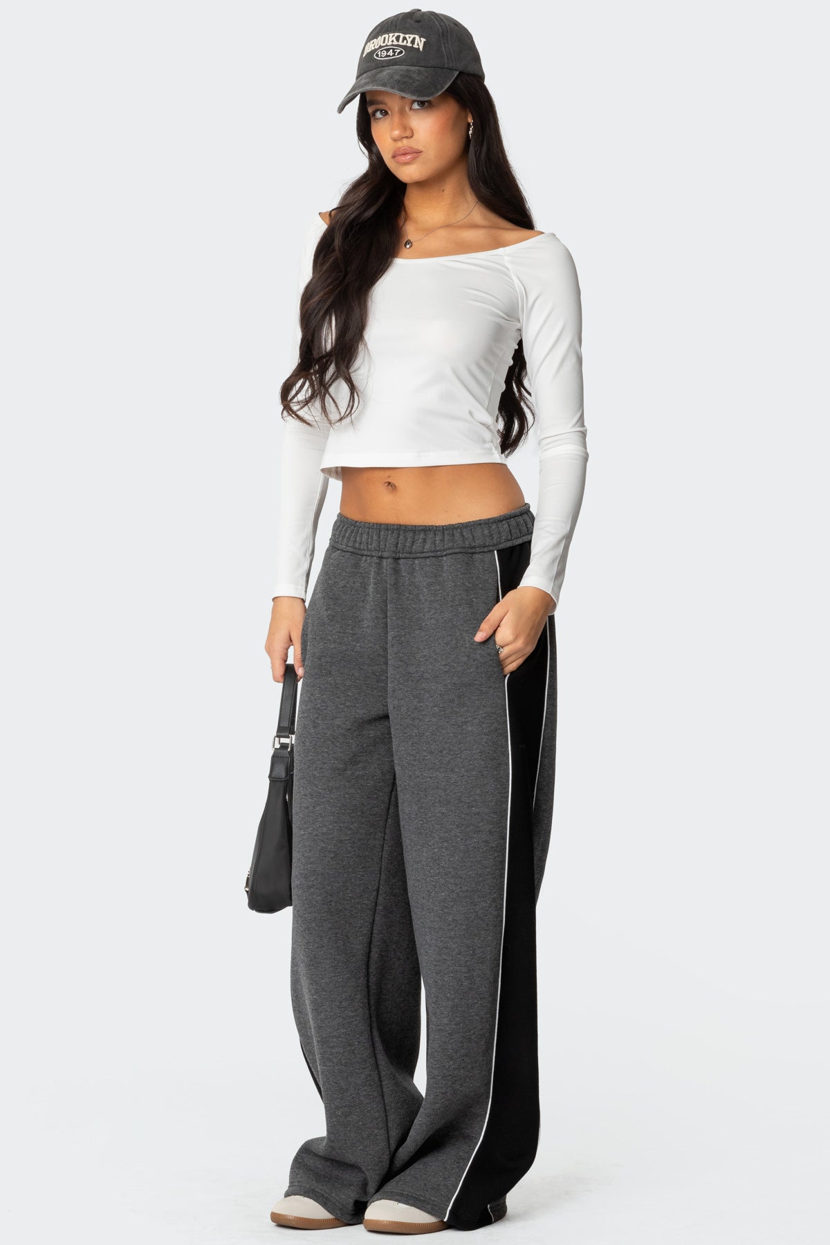 Dark Gray Elastic Waistband Straight Leg Sweatpants Mens Casual Polyester Cotton Pants