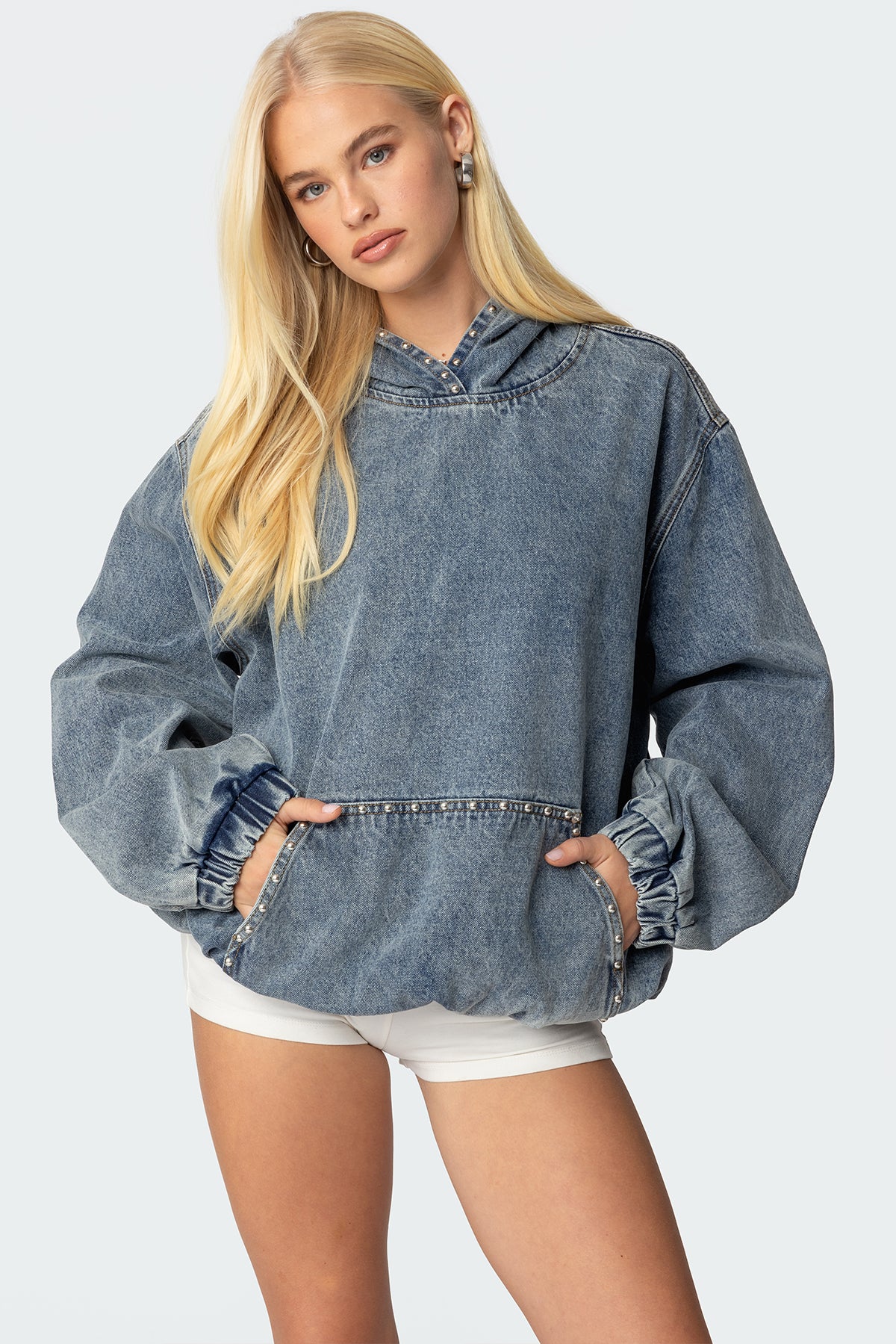 Blue Oversized Studded Denim Hoodie
