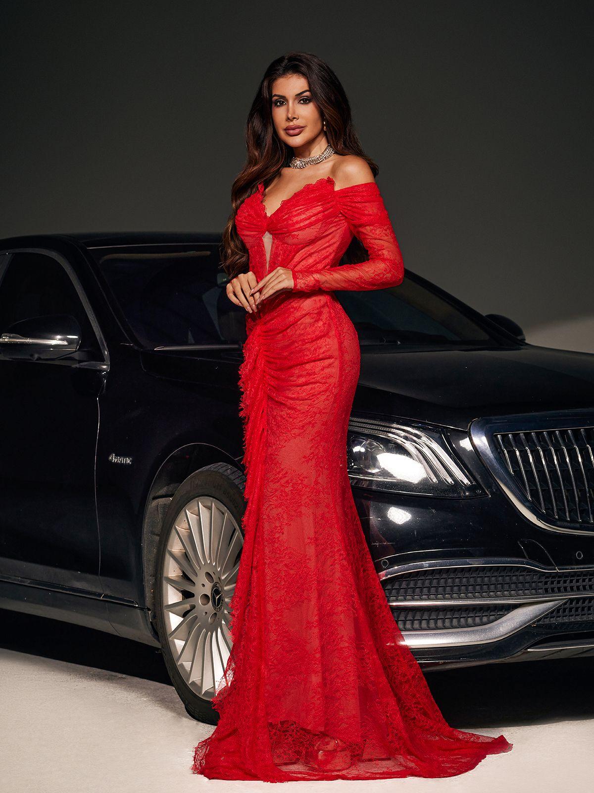 Elegant Lace Mermaid Maxi Dress - Red Off-Shoulder Design