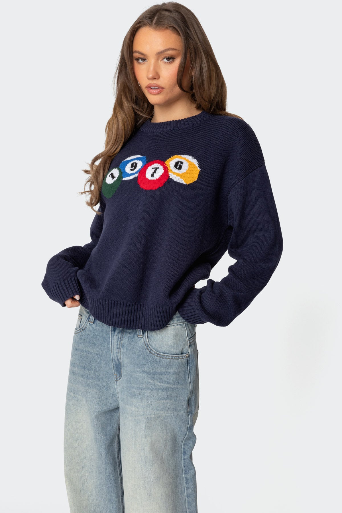 Navy Knit Graphic Ribbed Detail Sweater