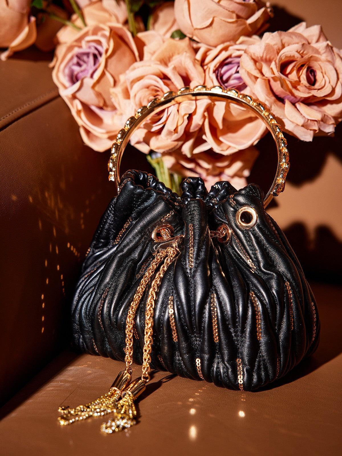 Black Sequin Bucket Bag with Premium PU Leather - Stylish and Durable