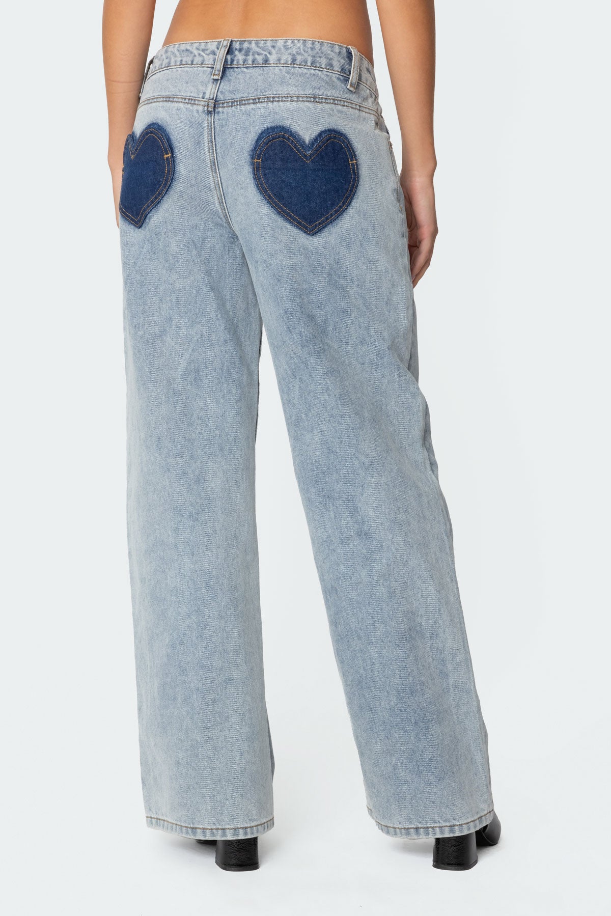 Washed Denim Low Rise Heart Detail Jeans