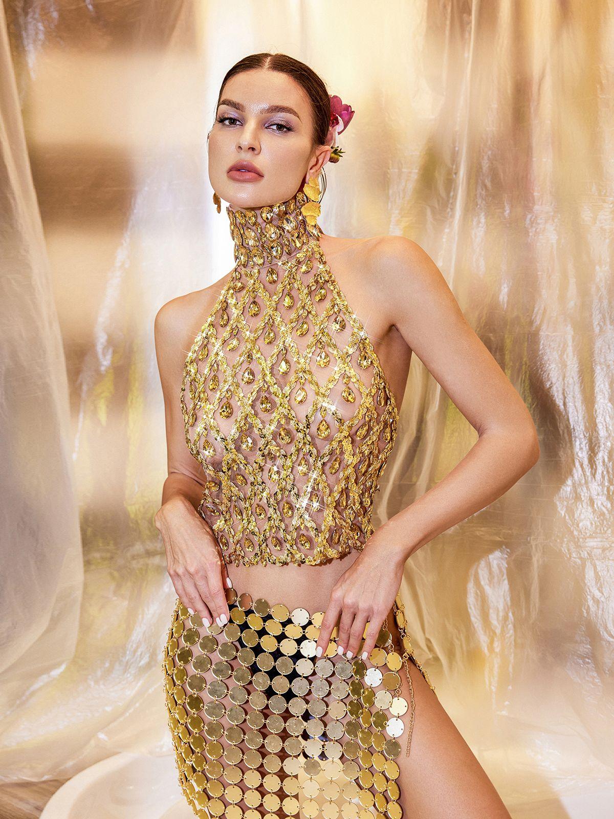 Gold Sequin Crystal Embellished Top for Women