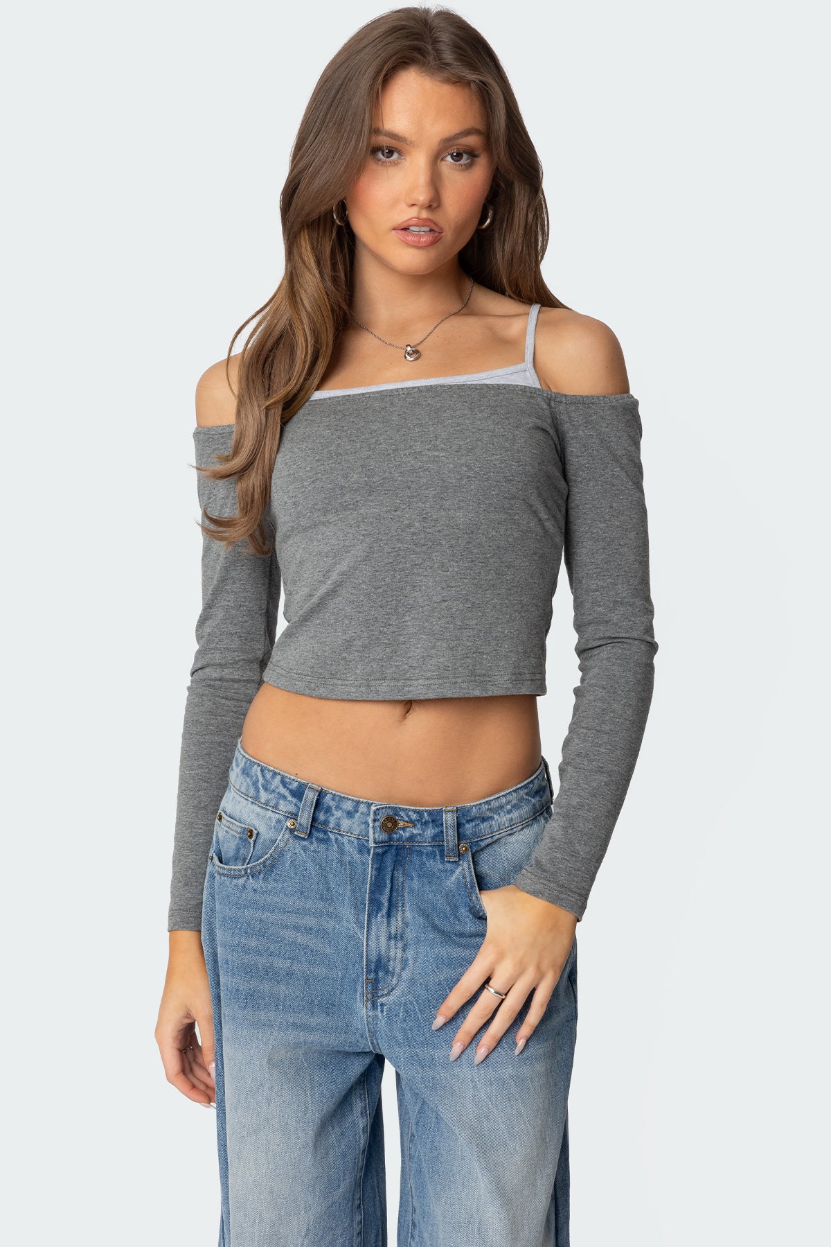 Gray Melange Off Shoulder Layered T-Shirt